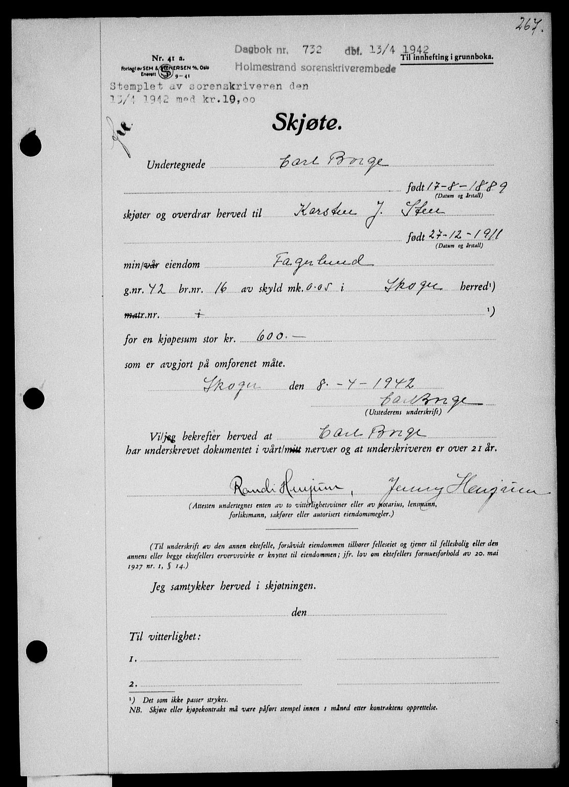 Holmestrand sorenskriveri, AV/SAKO-A-67/G/Ga/Gaa/L0055: Mortgage book no. A-55, 1942-1942, Diary no: : 732/1942