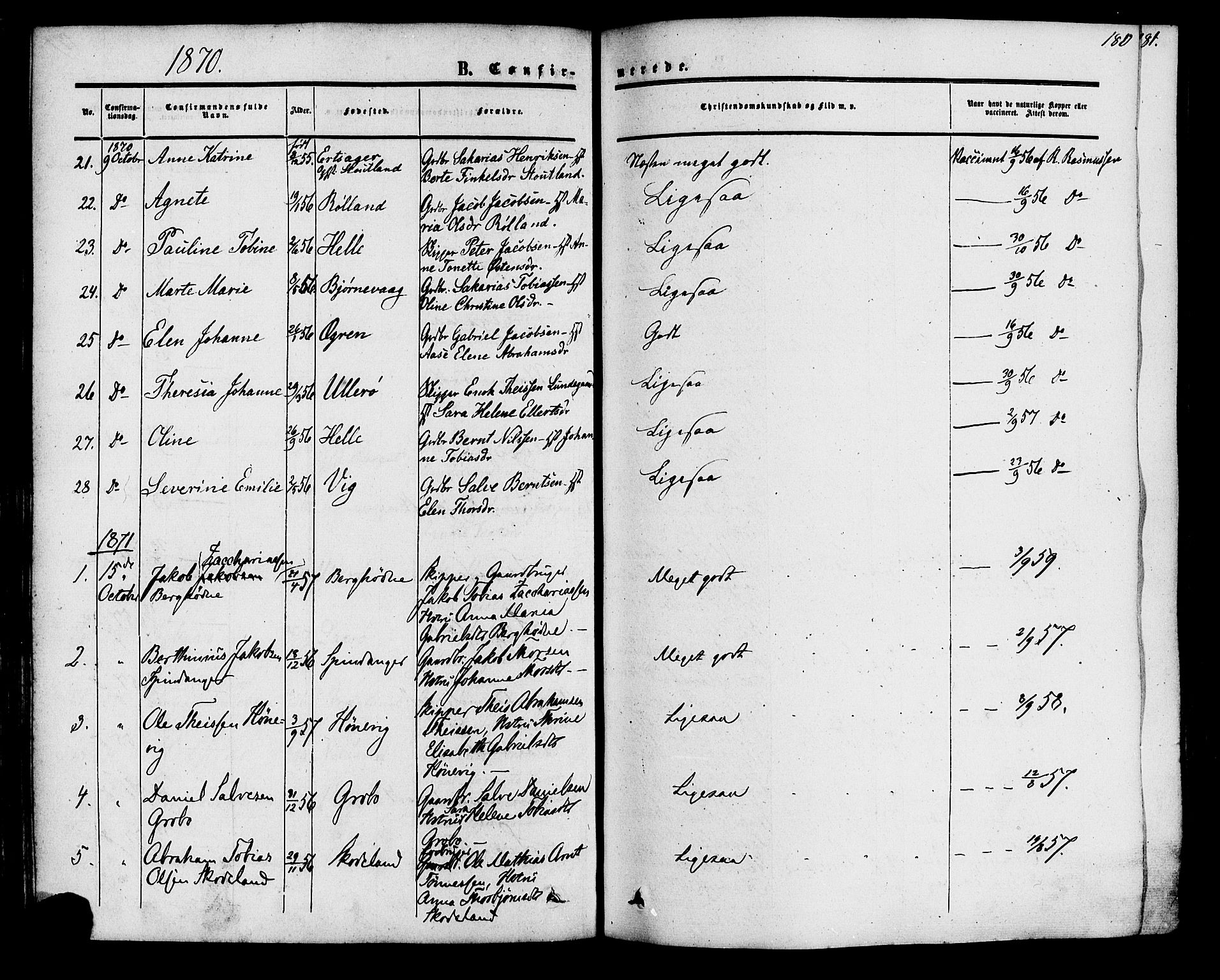 Herad sokneprestkontor, SAK/1111-0018/F/Fa/Fab/L0004: Parish register (official) no. A 4, 1853-1885, p. 180
