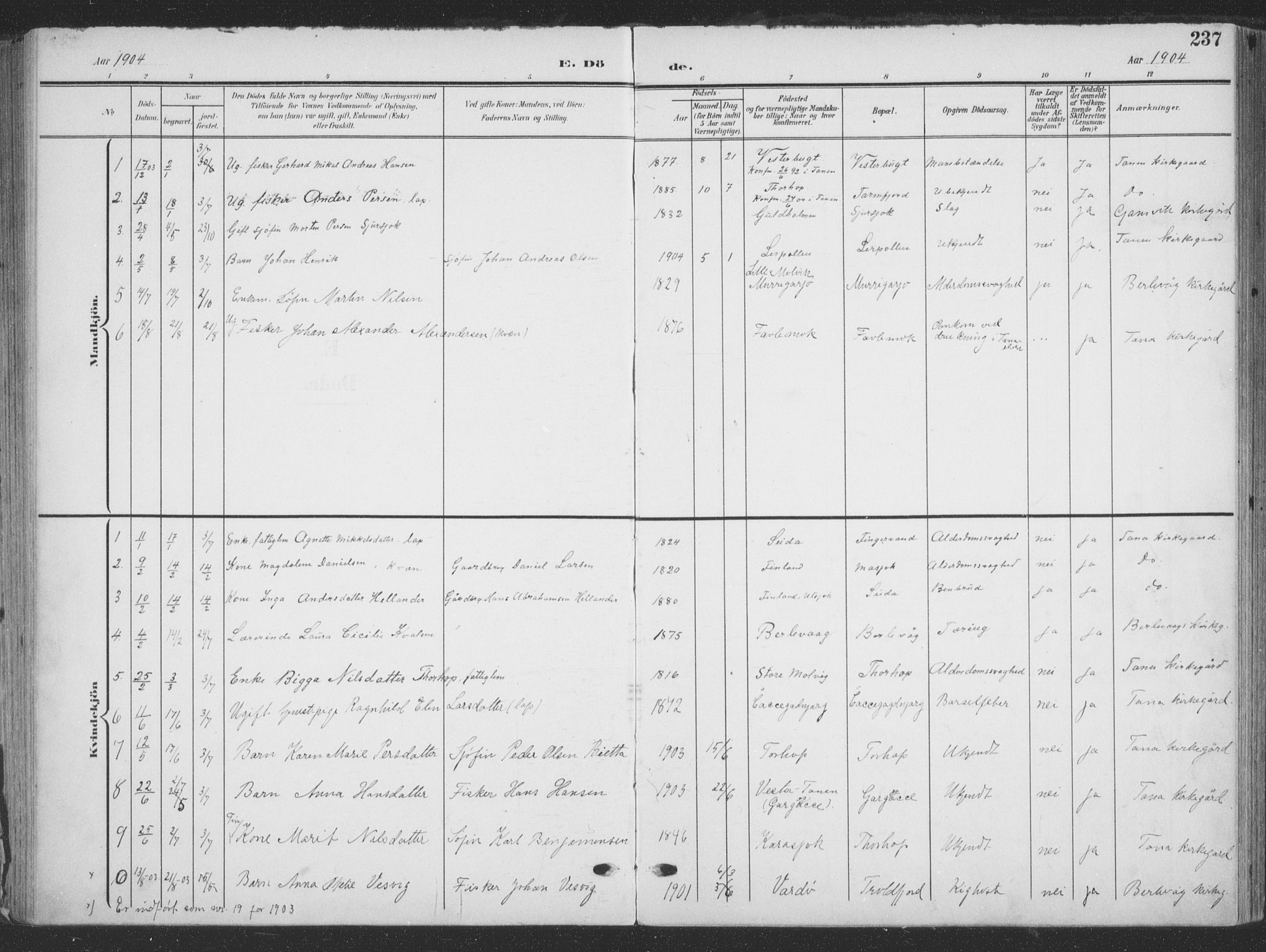 Tana sokneprestkontor, AV/SATØ-S-1334/H/Ha/L0007kirke: Parish register (official) no. 7, 1904-1918, p. 237