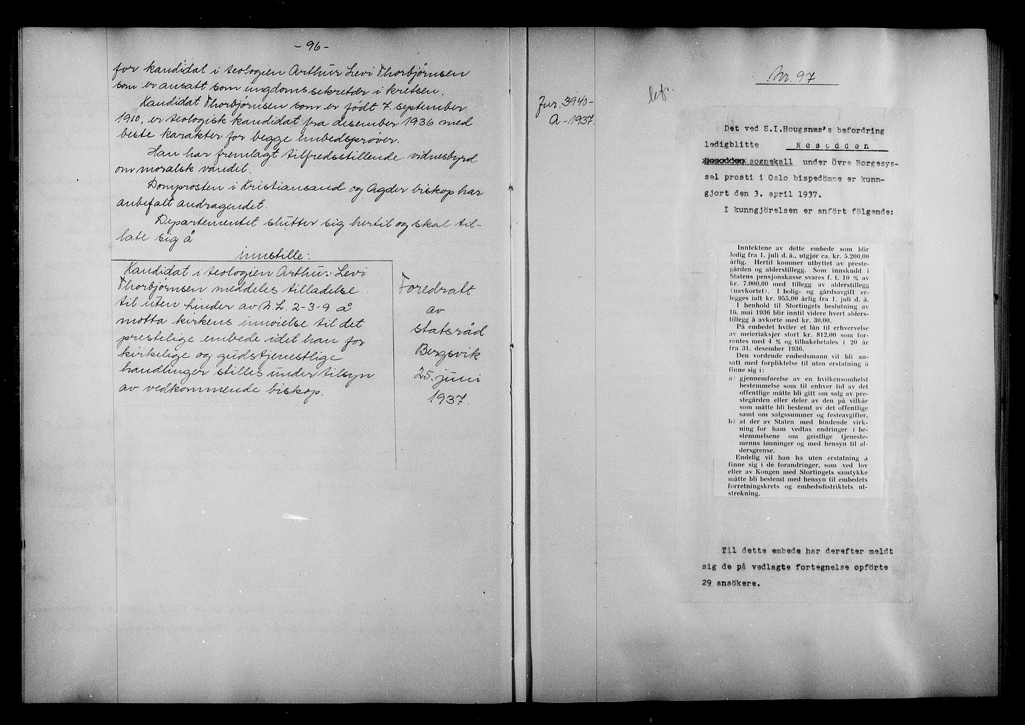 Kirke- og undervisningsdepartementet, Kontoret  for kirke og geistlighet A, AV/RA-S-1007/A/Aa/L0357: Referatprotokoll m/register, bd. 2. Ref.nr. 94-181, 1937