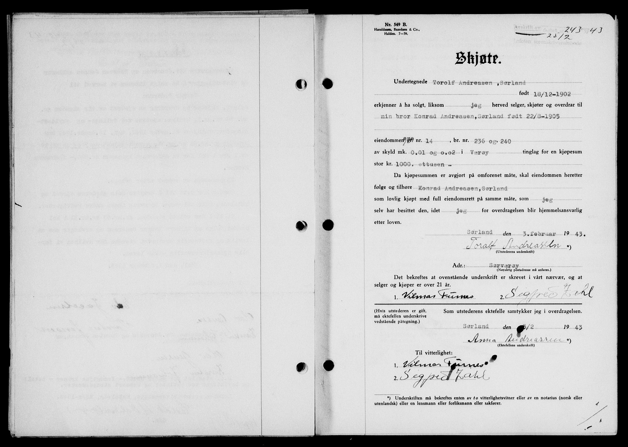 Lofoten sorenskriveri, SAT/A-0017/1/2/2C/L0011a: Mortgage book no. 11a, 1943-1943, Diary no: : 243/1943