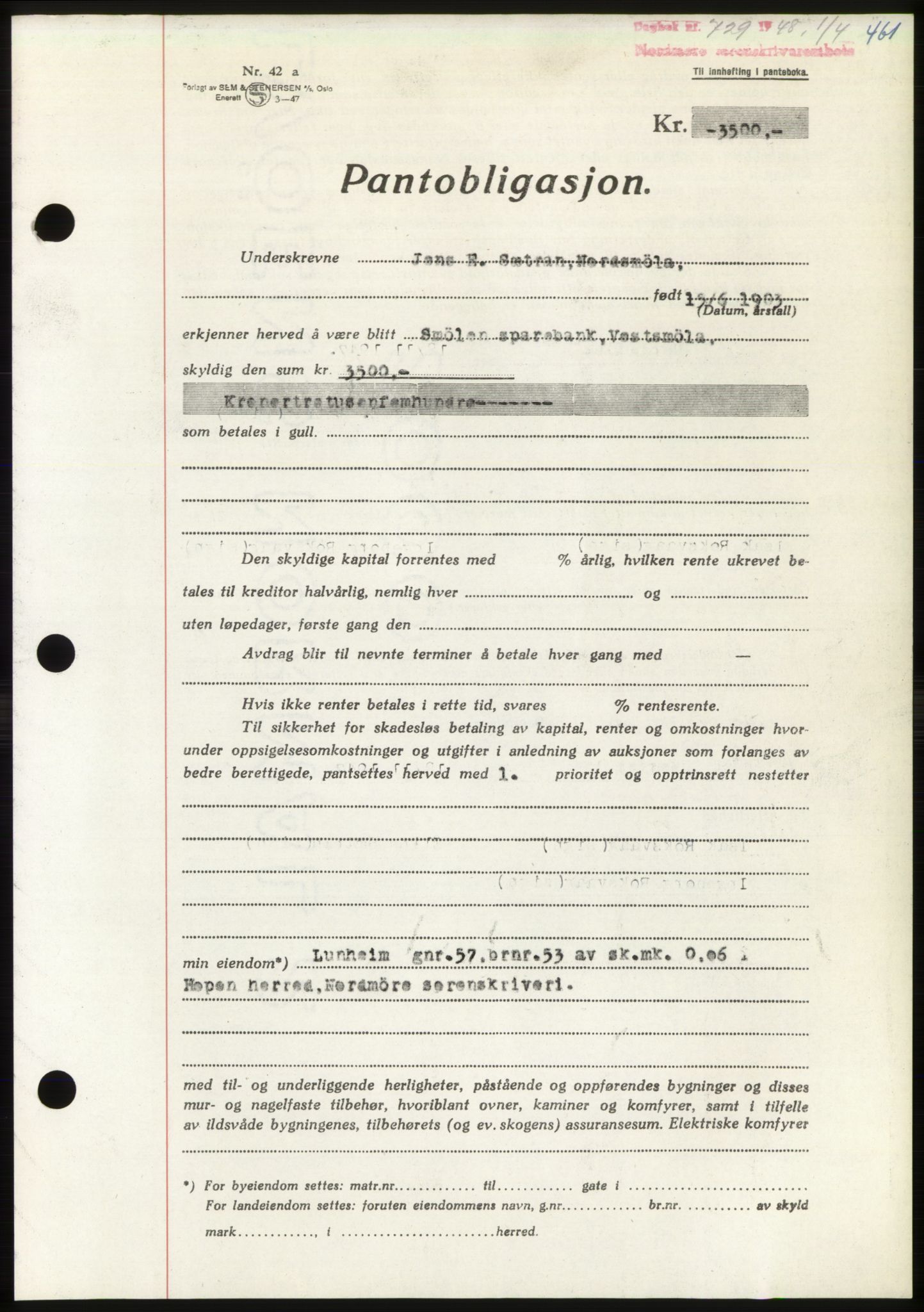 Nordmøre sorenskriveri, AV/SAT-A-4132/1/2/2Ca: Mortgage book no. B98, 1948-1948, Diary no: : 729/1948