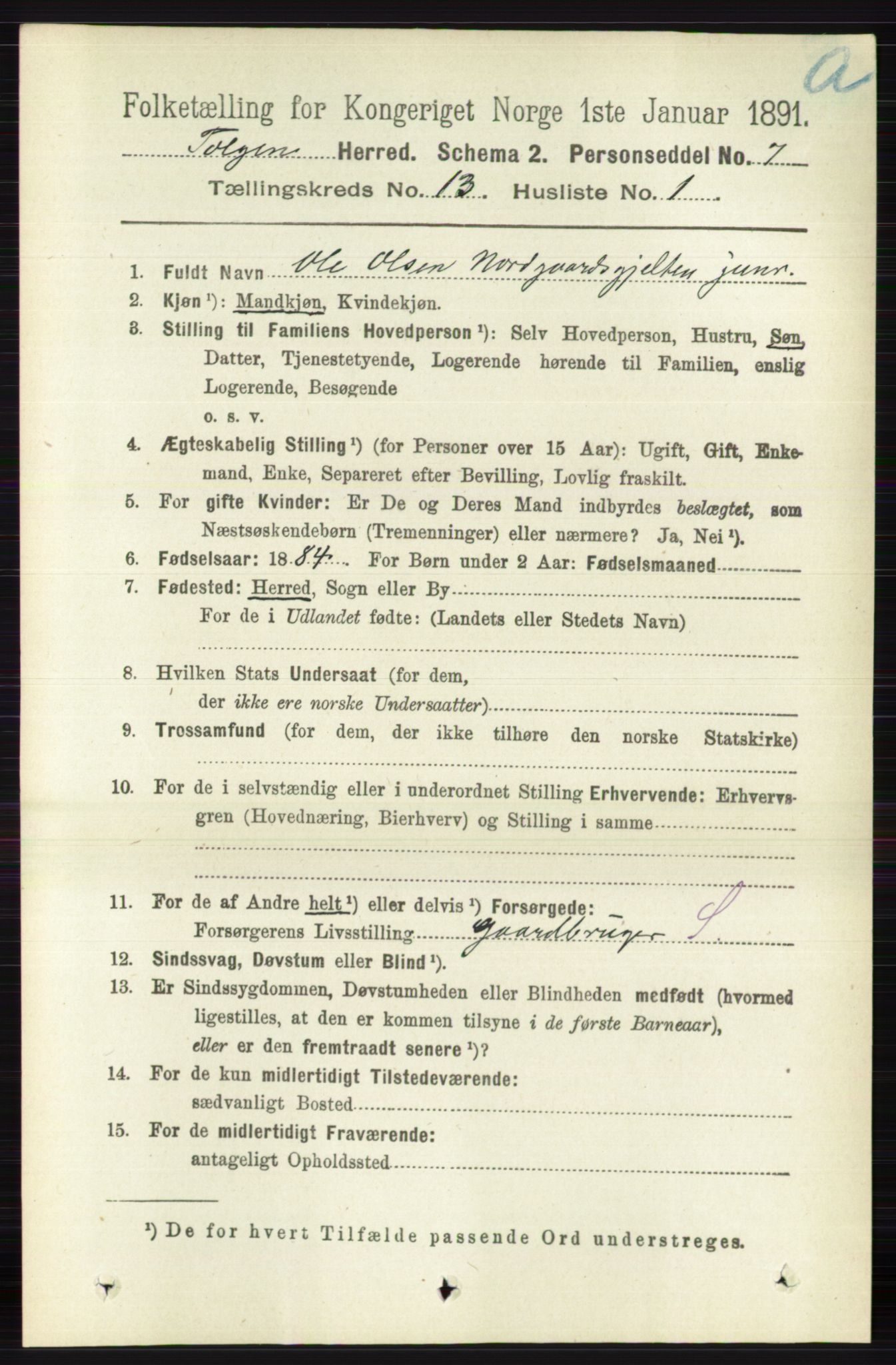 RA, 1891 census for 0436 Tolga, 1891, p. 3886