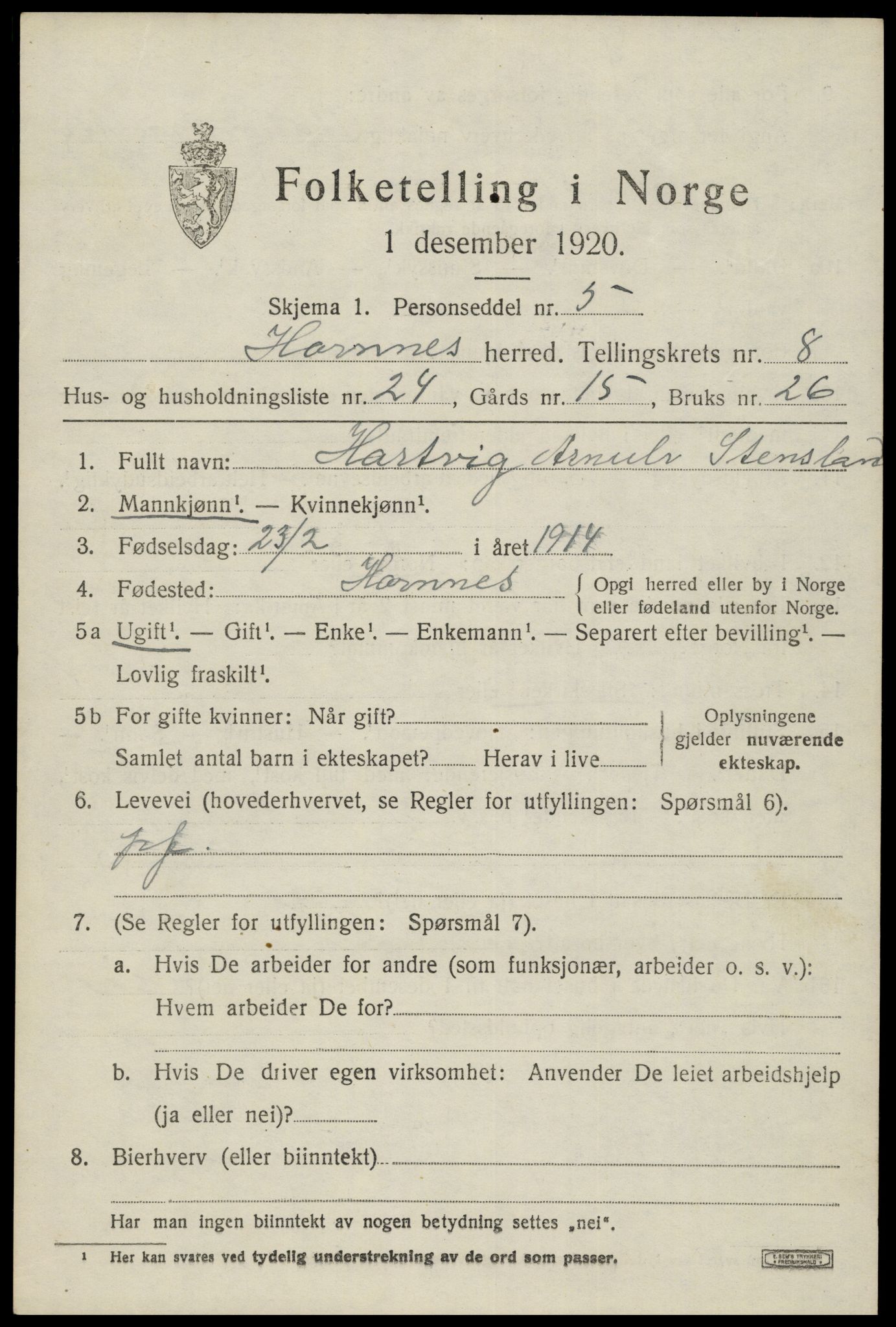SAK, 1920 census for Hornnes, 1920, p. 2173