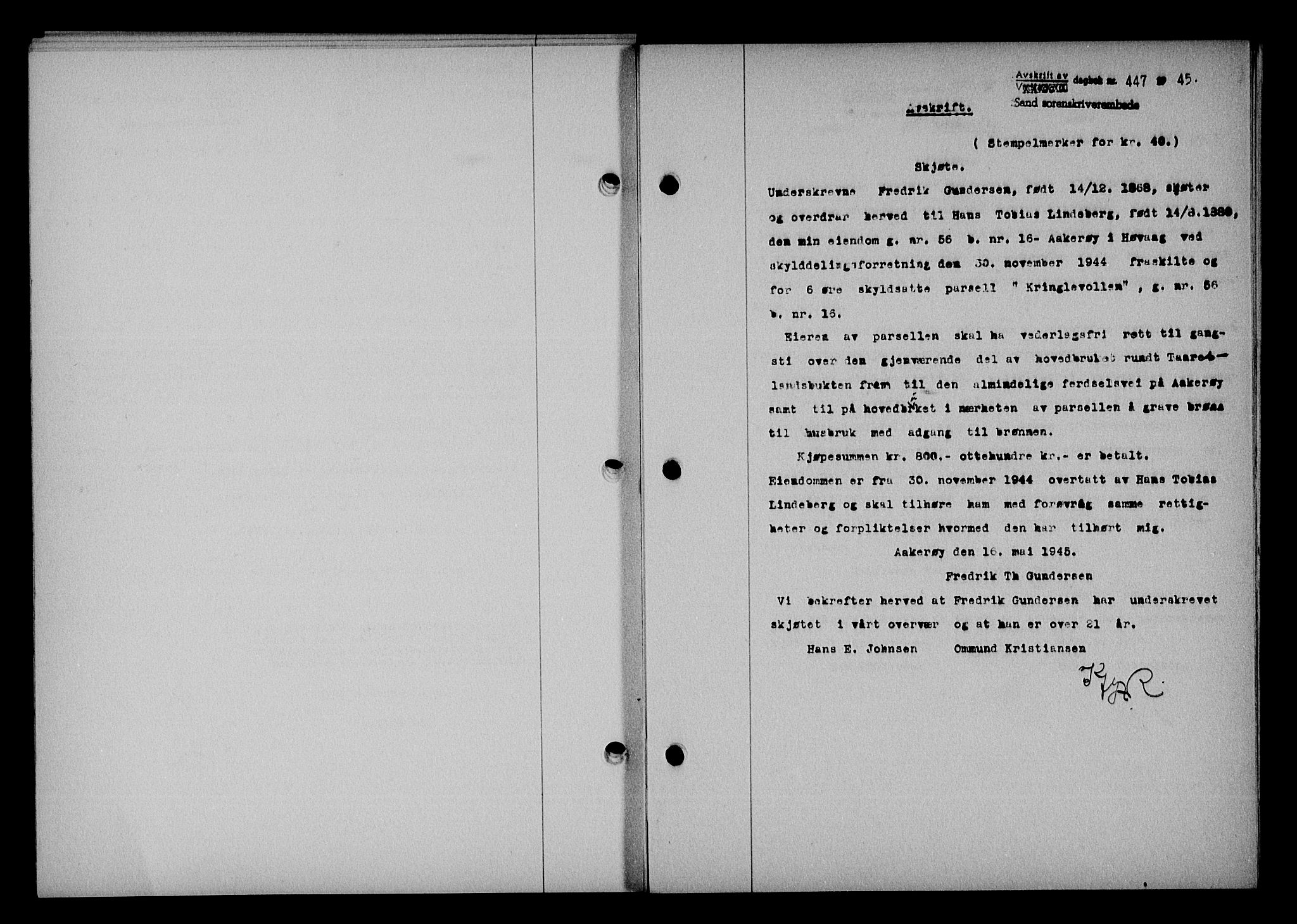Vestre Nedenes/Sand sorenskriveri, SAK/1221-0010/G/Gb/Gba/L0053: Mortgage book no. A 6, 1944-1945, Diary no: : 447/1945