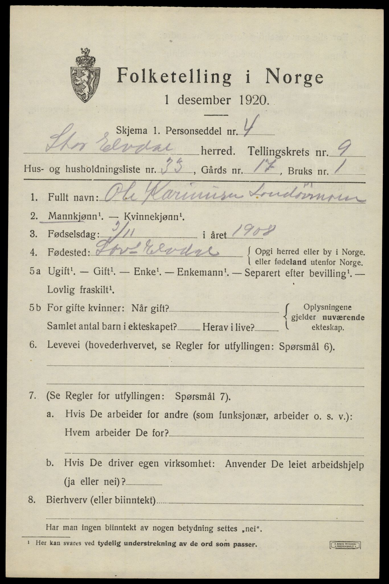 SAH, 1920 census for Stor-Elvdal, 1920, p. 8874