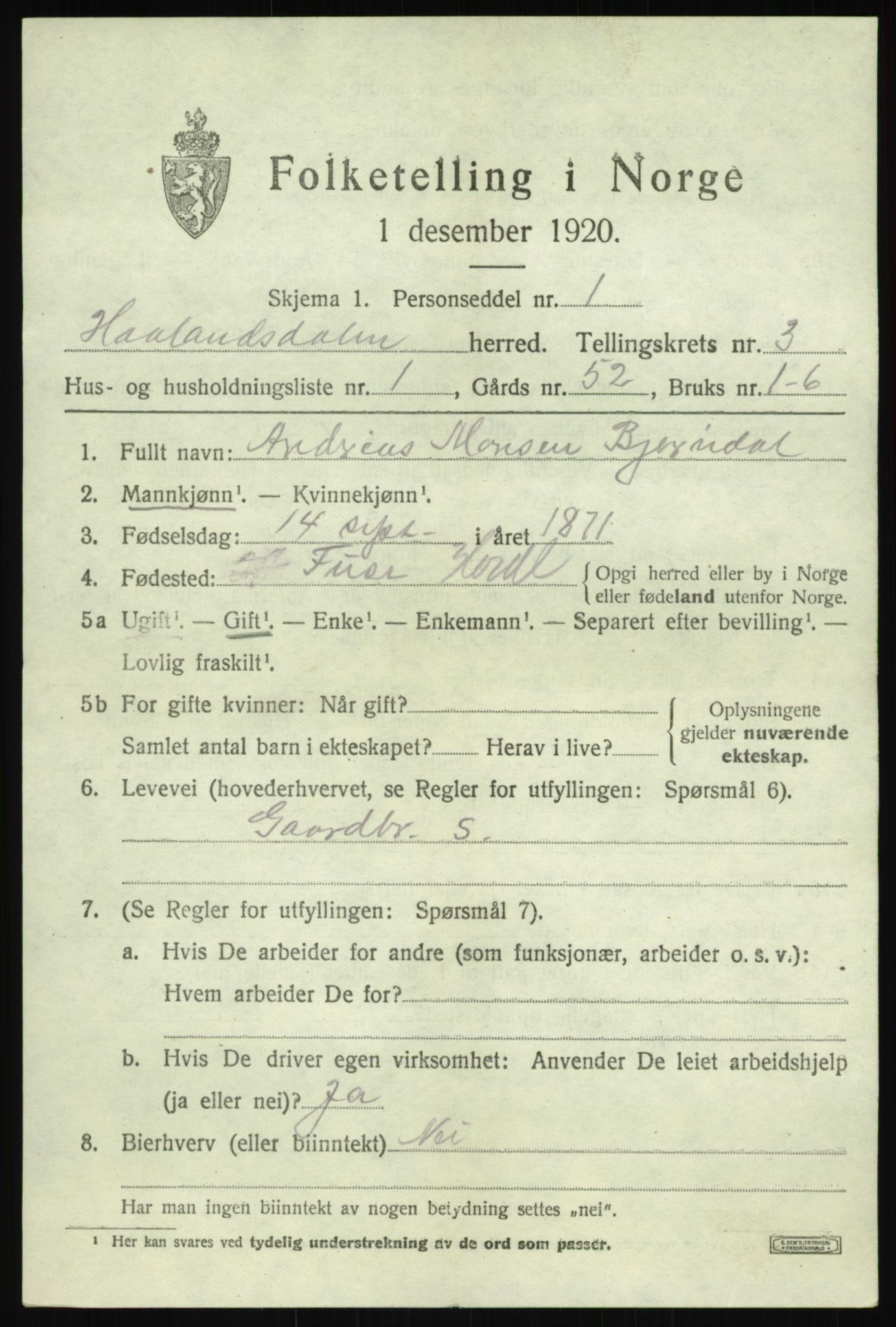SAB, 1920 census for Hålandsdal, 1920, p. 662