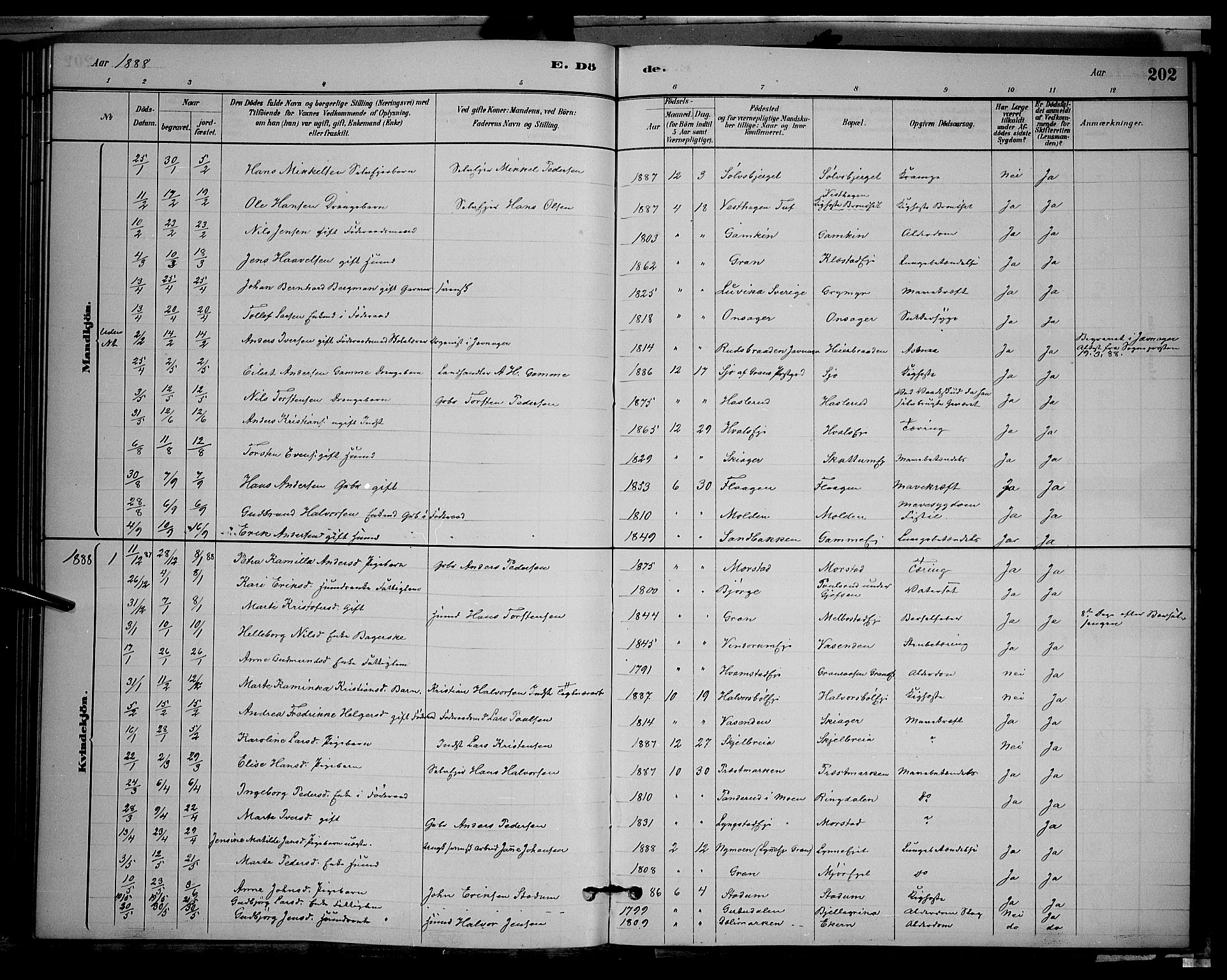 Gran prestekontor, SAH/PREST-112/H/Ha/Hab/L0002: Parish register (copy) no. 2, 1879-1892, p. 202