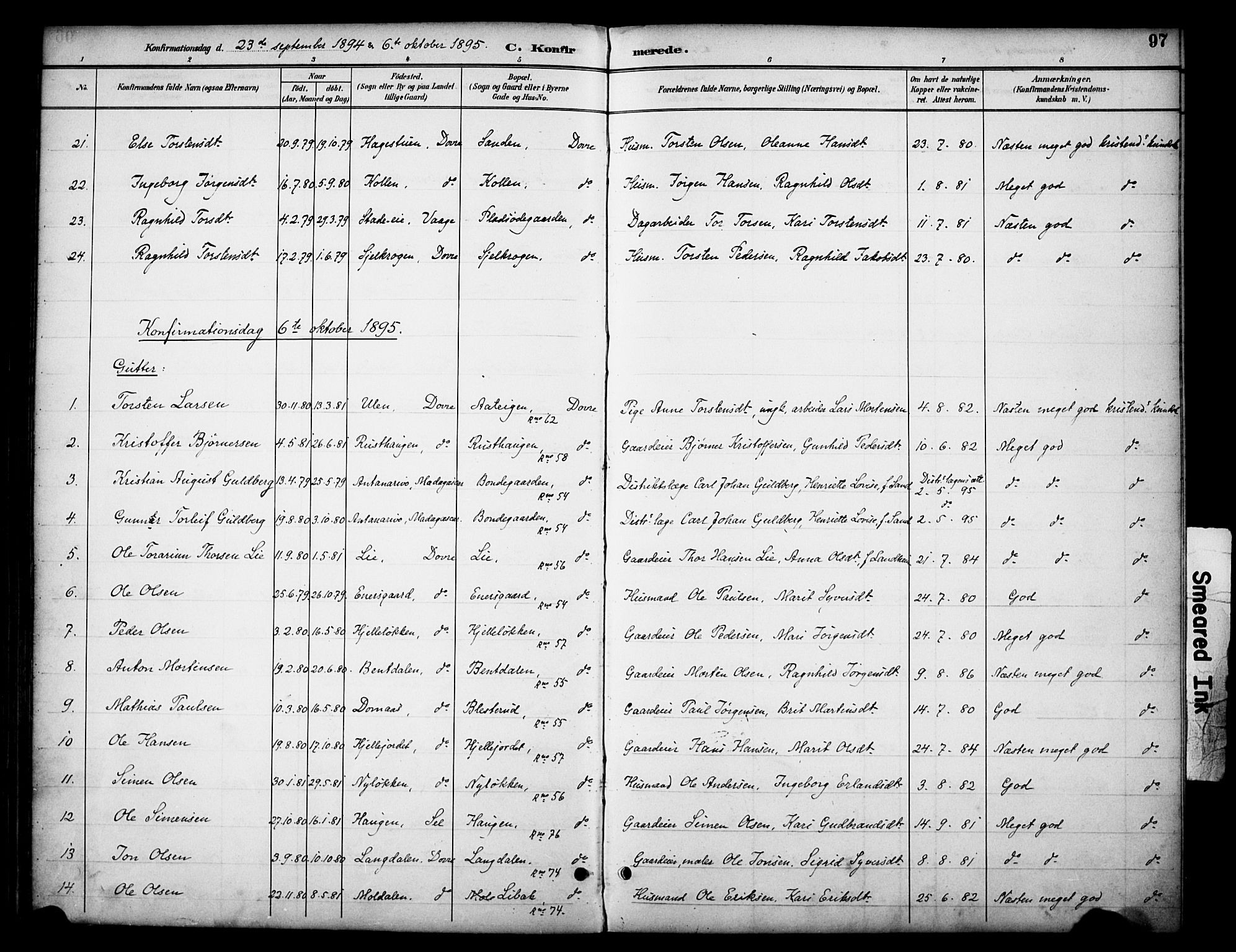 Dovre prestekontor, AV/SAH-PREST-066/H/Ha/Haa/L0003: Parish register (official) no. 3, 1891-1901, p. 97