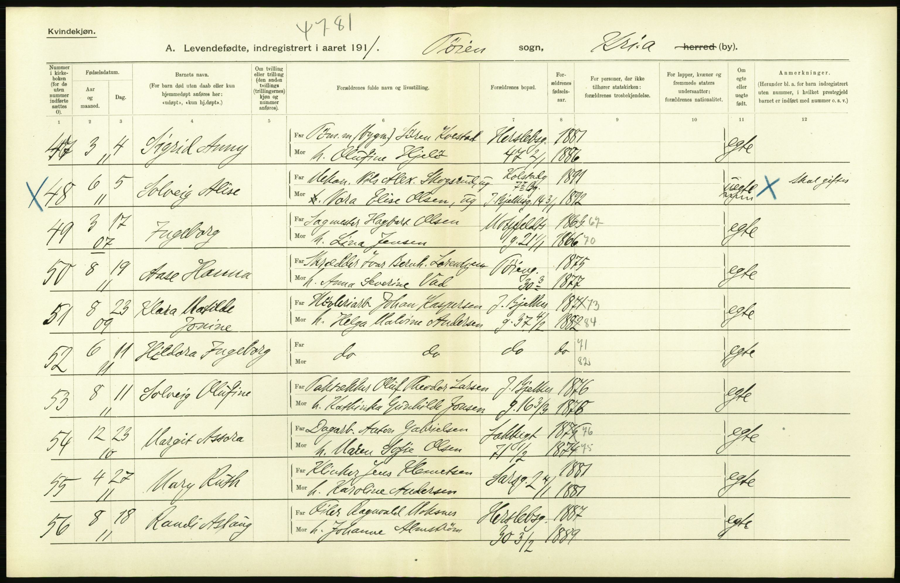 Statistisk sentralbyrå, Sosiodemografiske emner, Befolkning, AV/RA-S-2228/D/Df/Dfb/Dfba/L0007: Kristiania: Levendefødte kvinner., 1911, p. 508