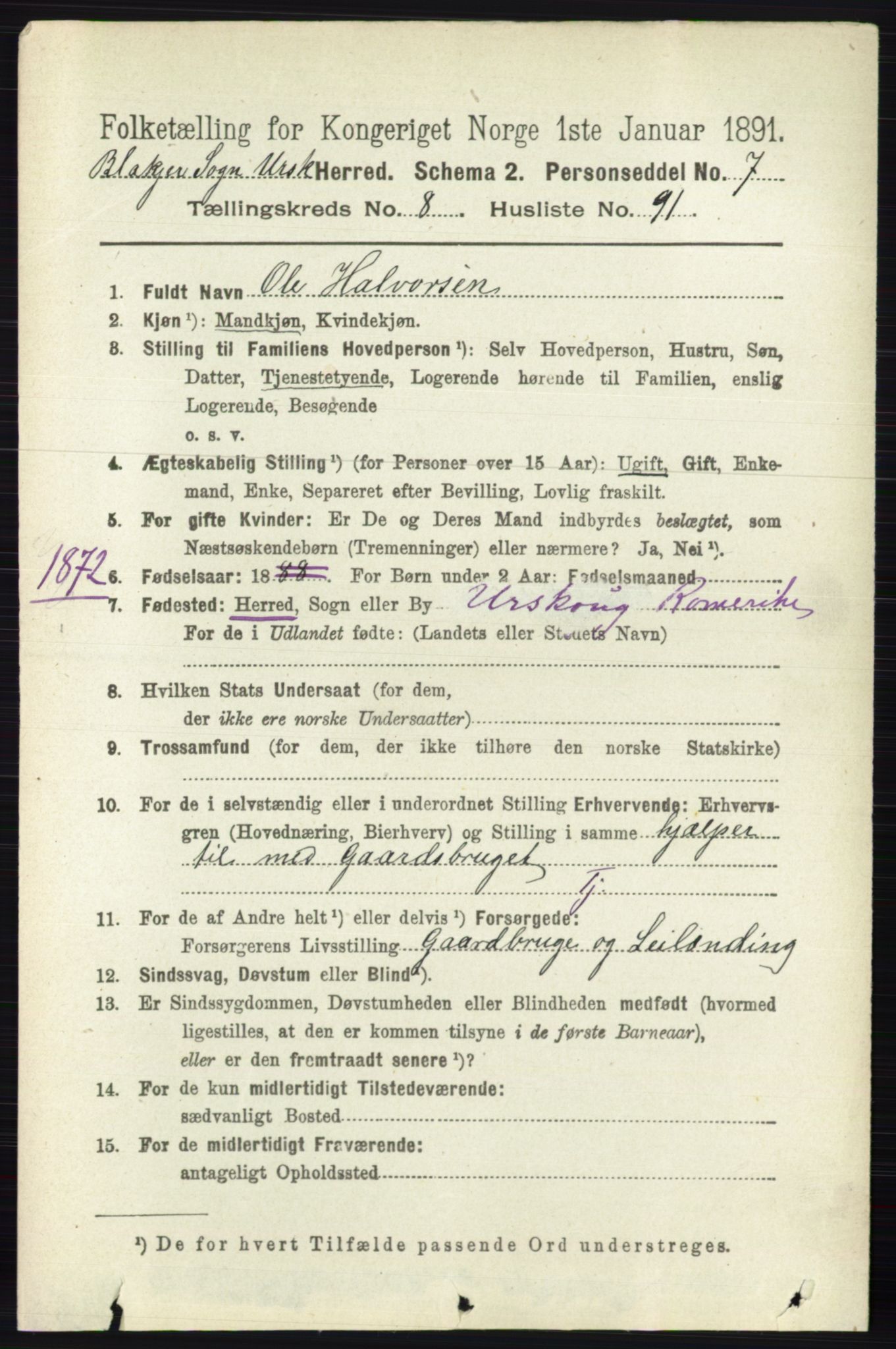 RA, 1891 census for 0224 Aurskog, 1891, p. 4416