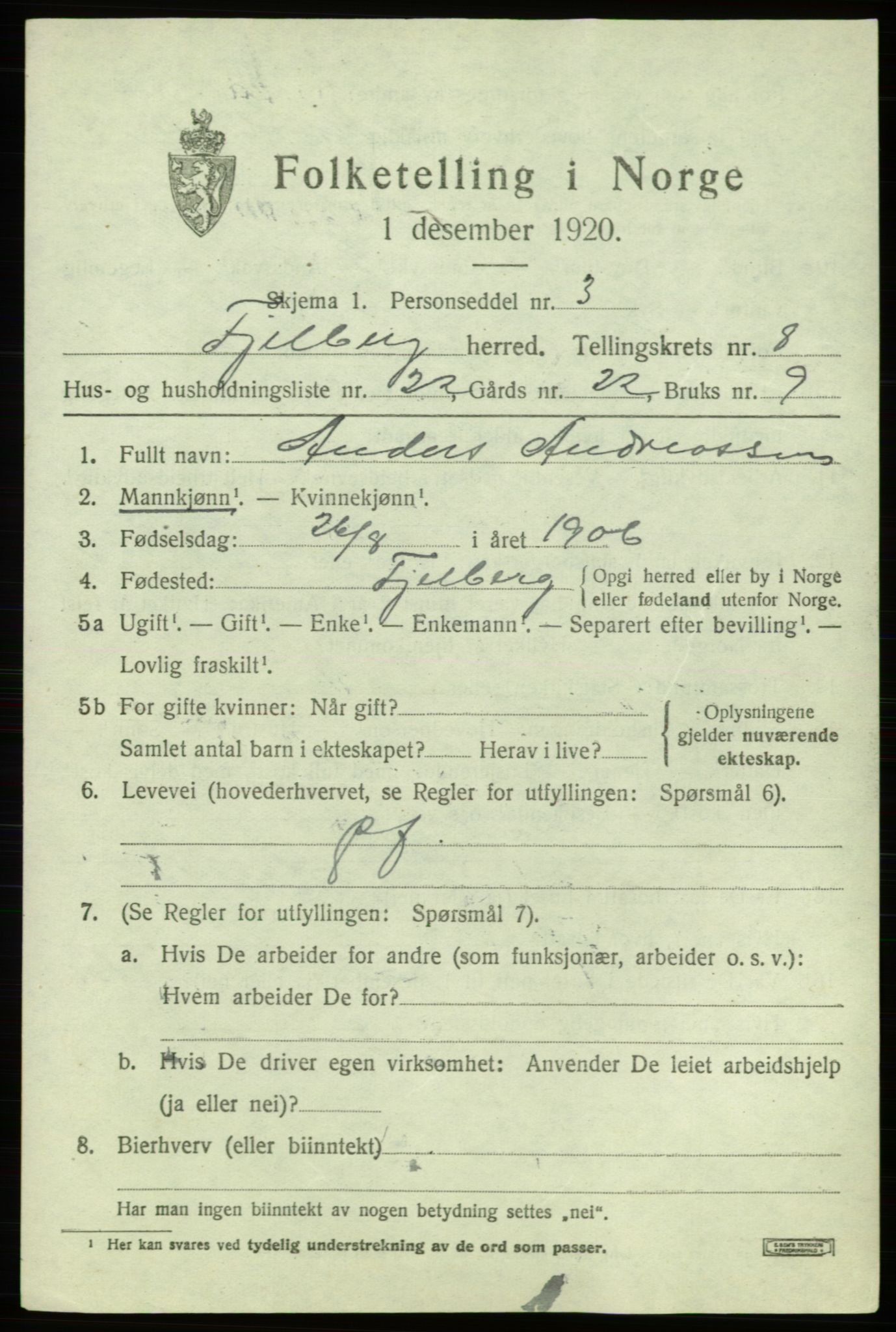 SAB, 1920 census for Fjelberg, 1920, p. 3497