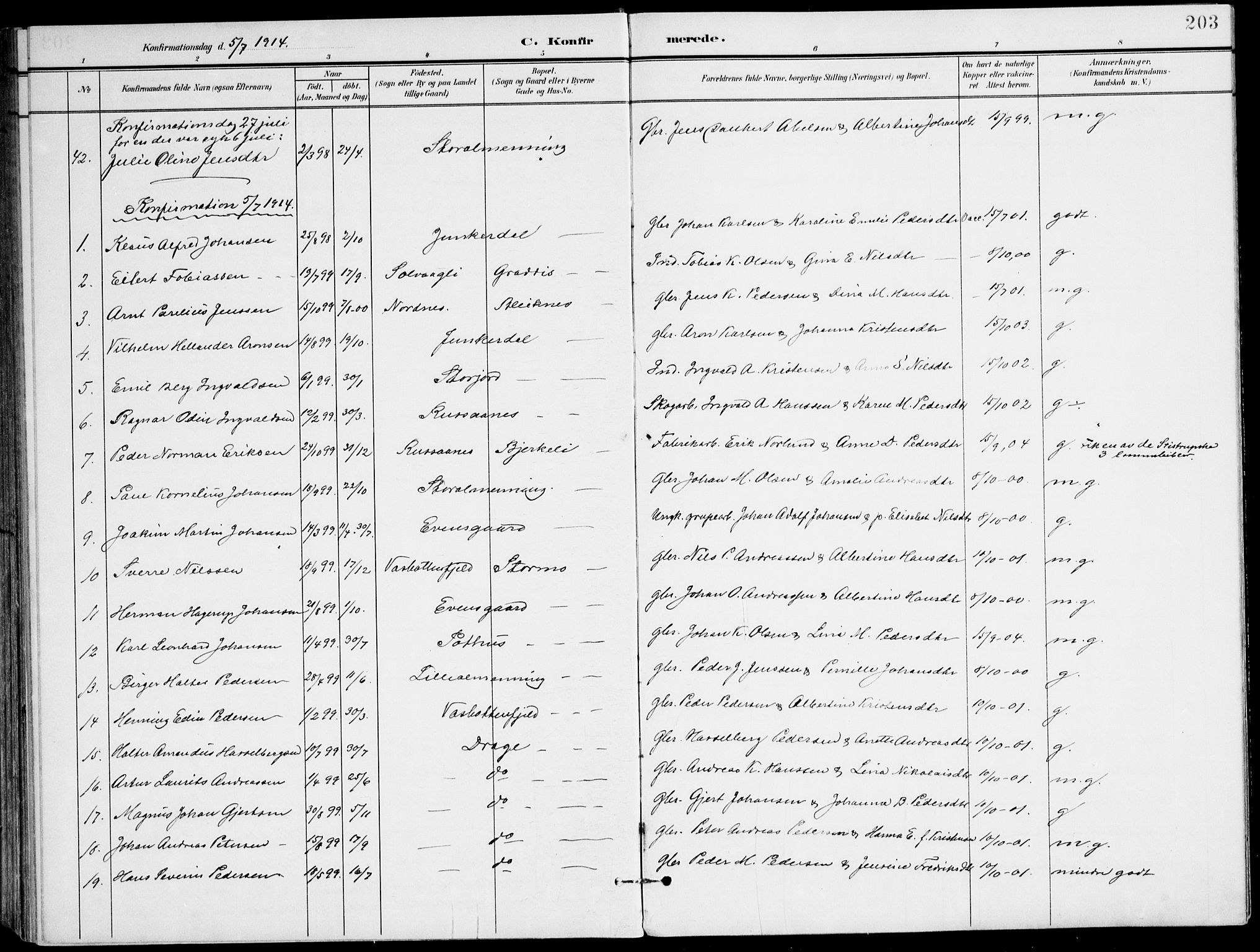 Ministerialprotokoller, klokkerbøker og fødselsregistre - Nordland, AV/SAT-A-1459/847/L0672: Parish register (official) no. 847A12, 1902-1919, p. 203