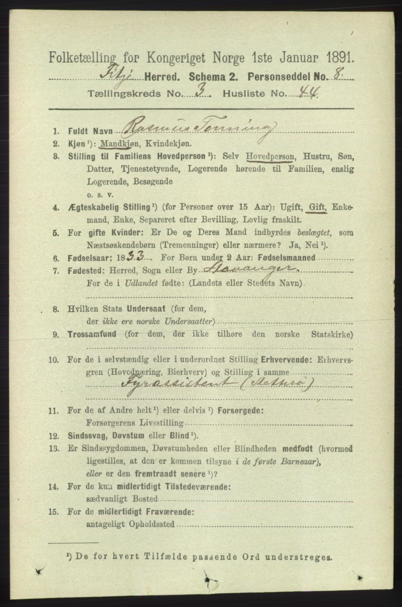 RA, 1891 census for 1222 Fitjar, 1891, p. 1279