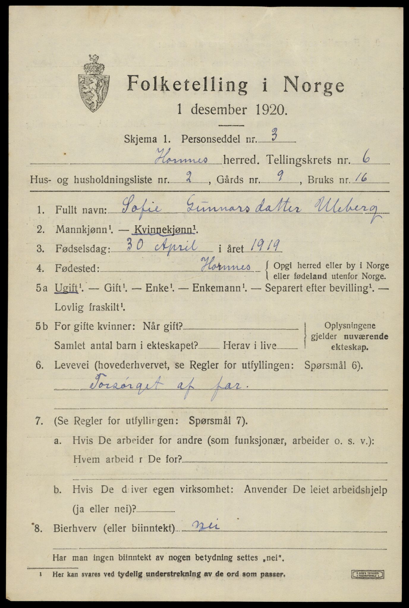 SAK, 1920 census for Hornnes, 1920, p. 1575