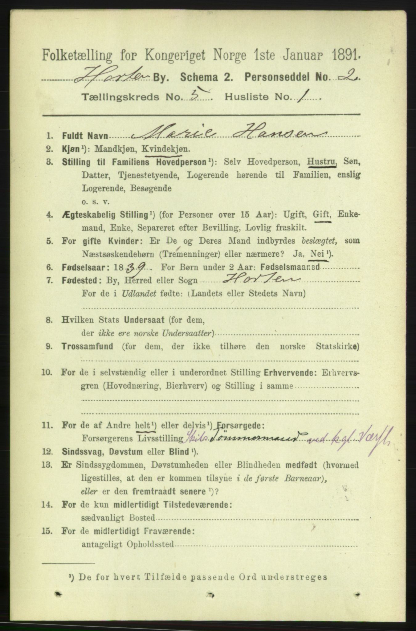 RA, 1891 census for 0703 Horten, 1891, p. 3483