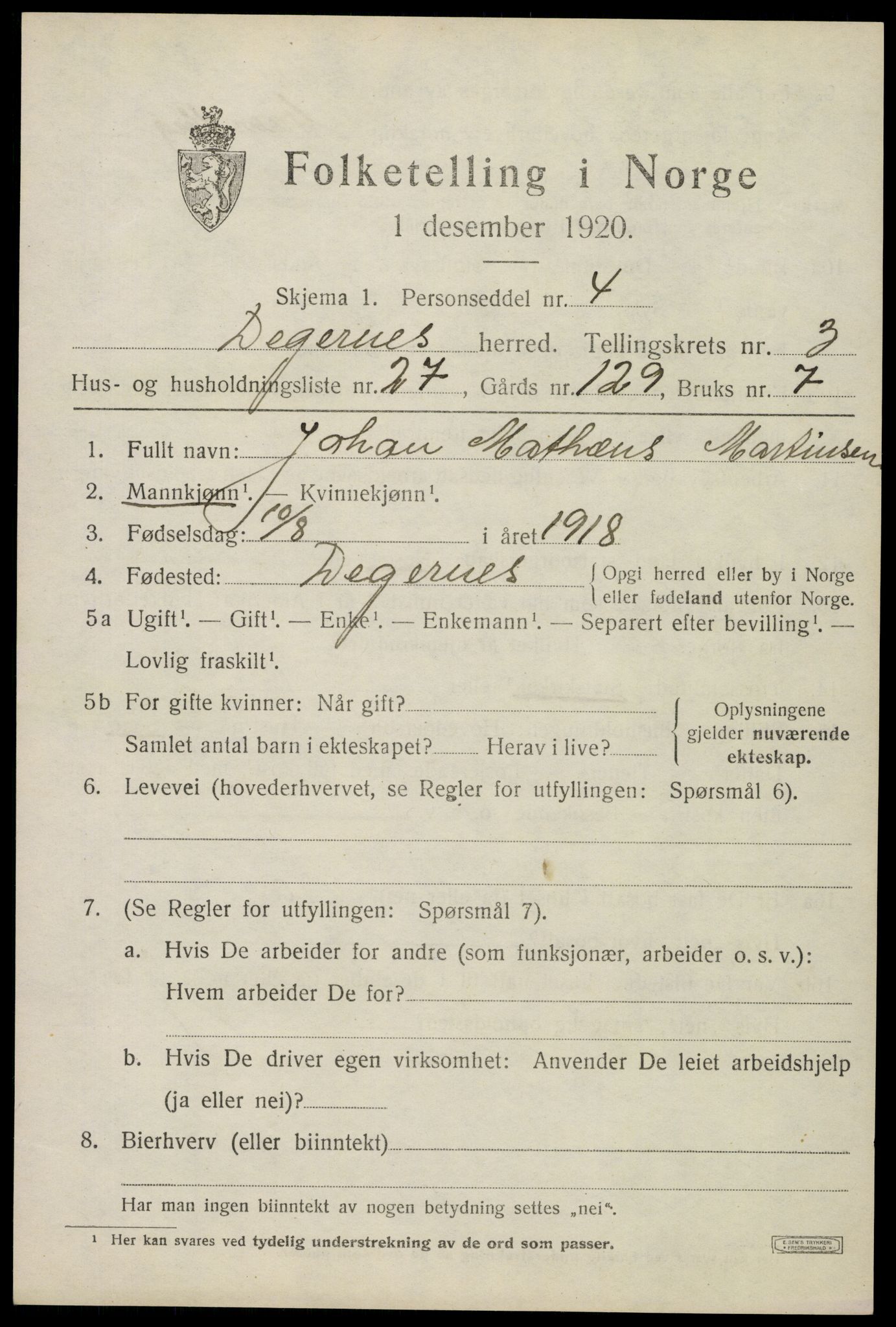 SAO, 1920 census for Degernes, 1920, p. 2320