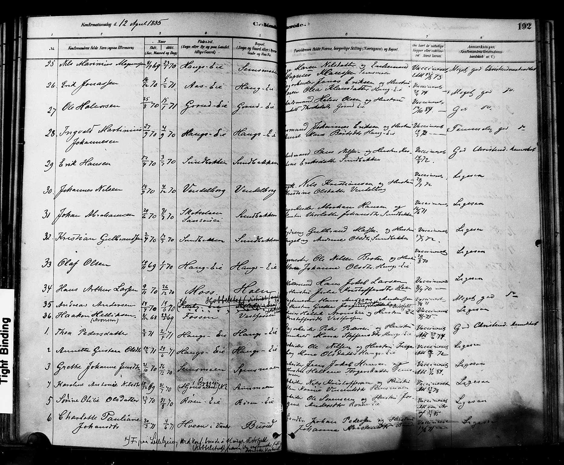 Eiker kirkebøker, SAKO/A-4/F/Fb/L0001: Parish register (official) no. II 1, 1878-1888, p. 192