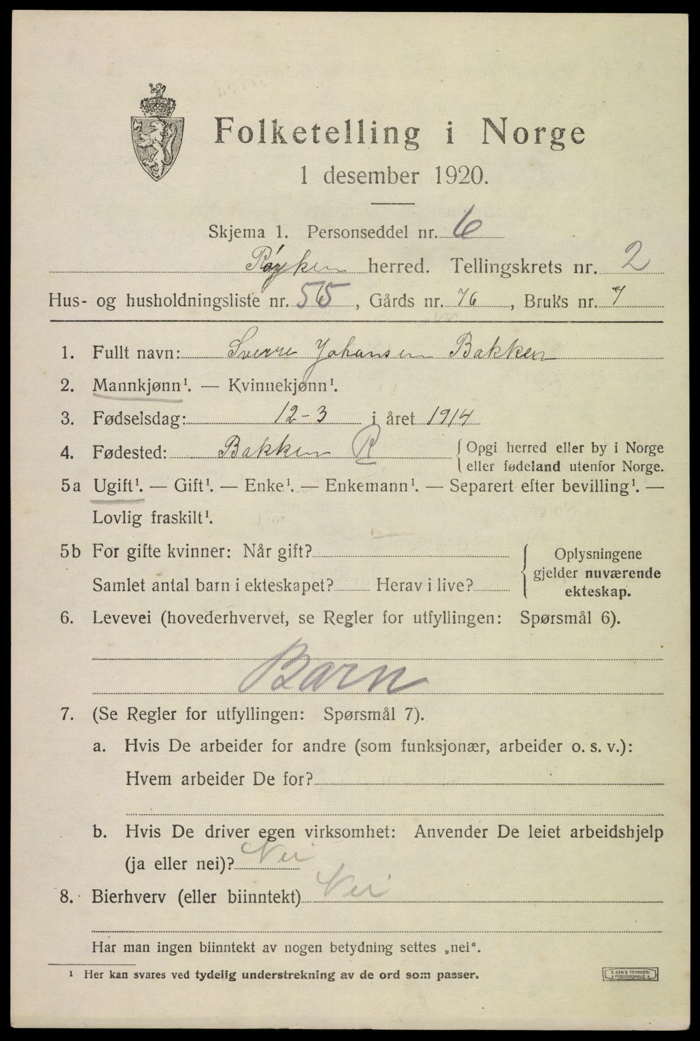 SAKO, 1920 census for Røyken, 1920, p. 3604