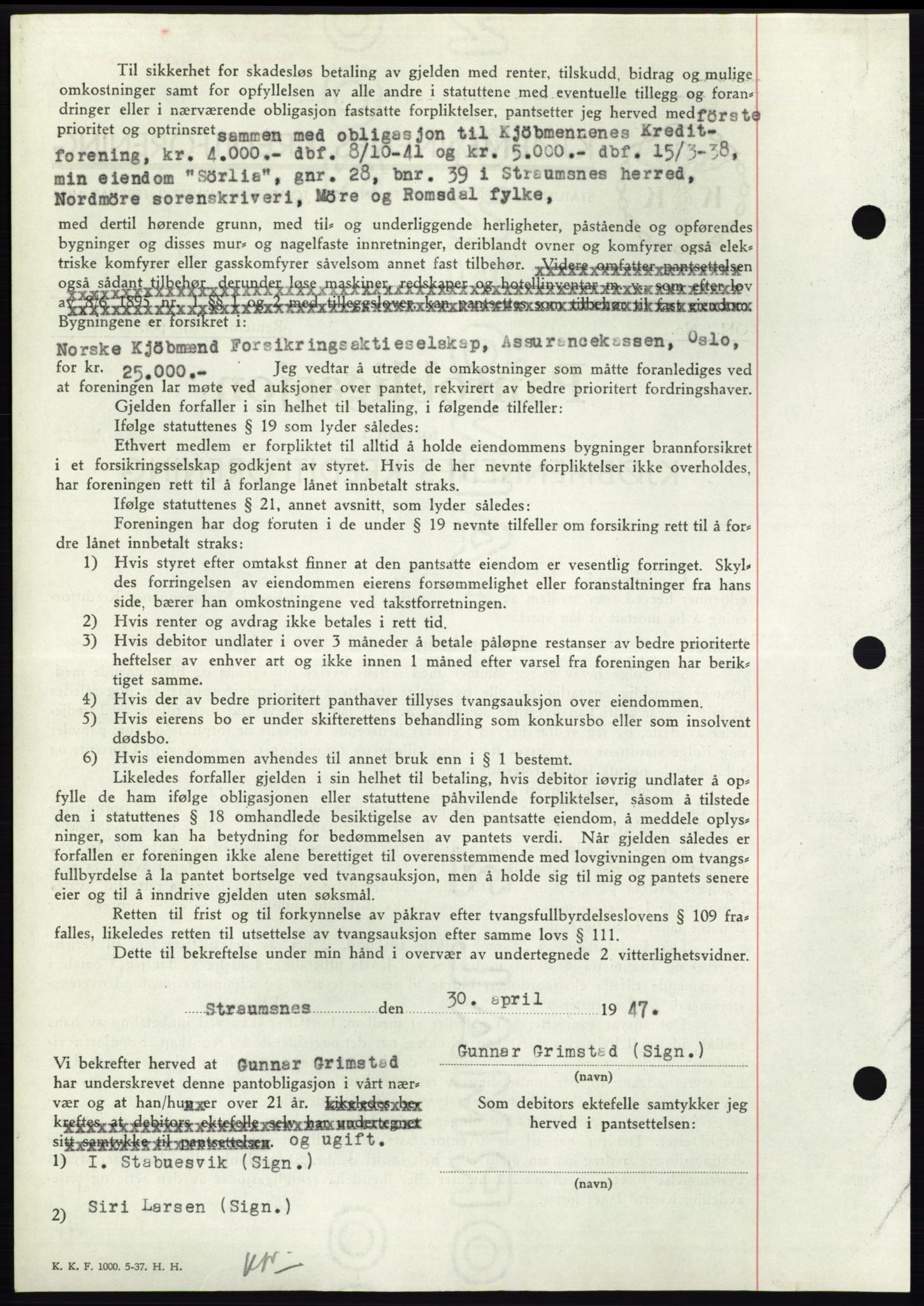 Nordmøre sorenskriveri, AV/SAT-A-4132/1/2/2Ca: Mortgage book no. B96, 1947-1947, Diary no: : 1024/1947