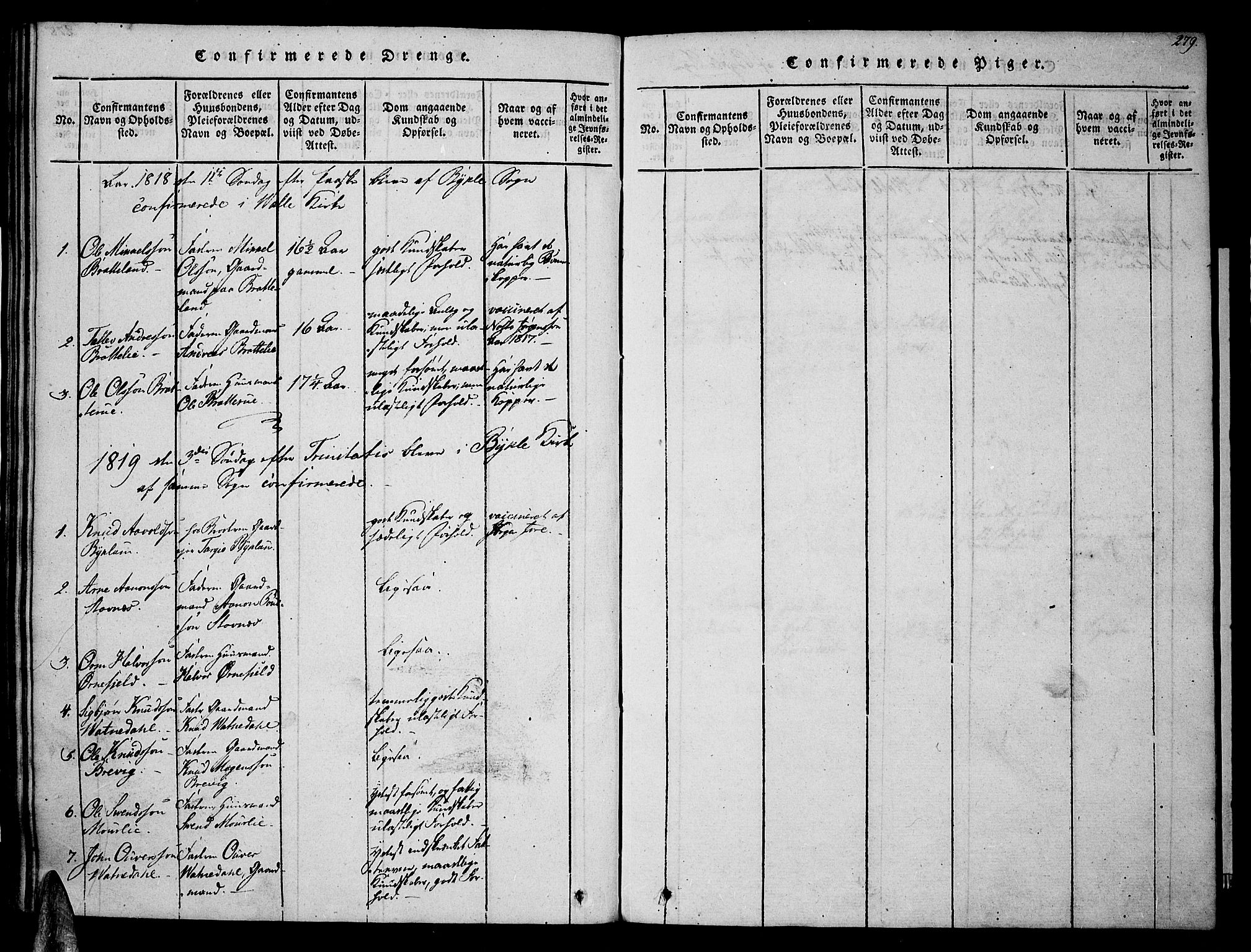 Valle sokneprestkontor, SAK/1111-0044/F/Fa/Fac/L0005: Parish register (official) no. A 5 /3, 1817-1830, p. 279
