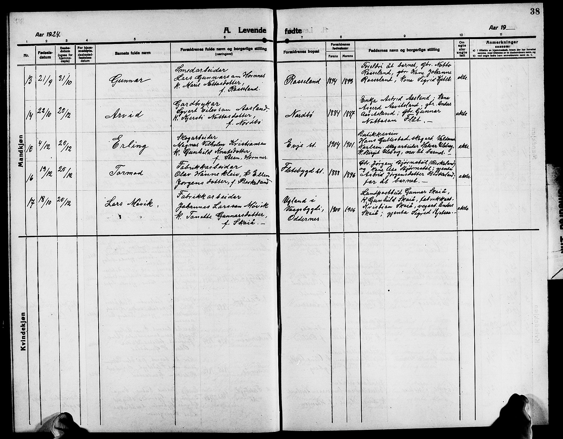 Evje sokneprestkontor, SAK/1111-0008/F/Fb/Fba/L0005: Parish register (copy) no. B 5, 1914-1926, p. 38