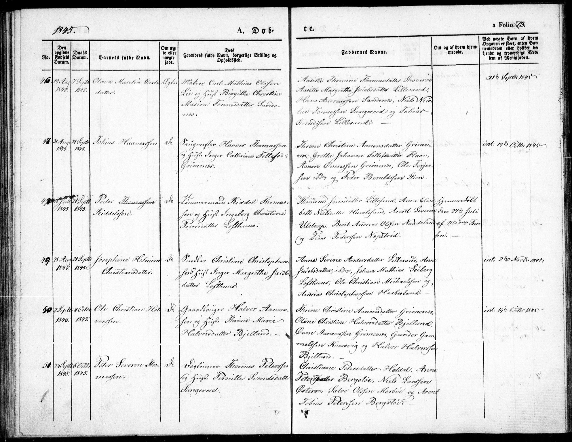 Vestre Moland sokneprestkontor, AV/SAK-1111-0046/F/Fb/Fbb/L0002: Parish register (copy) no. B 2, 1836-1851, p. 73