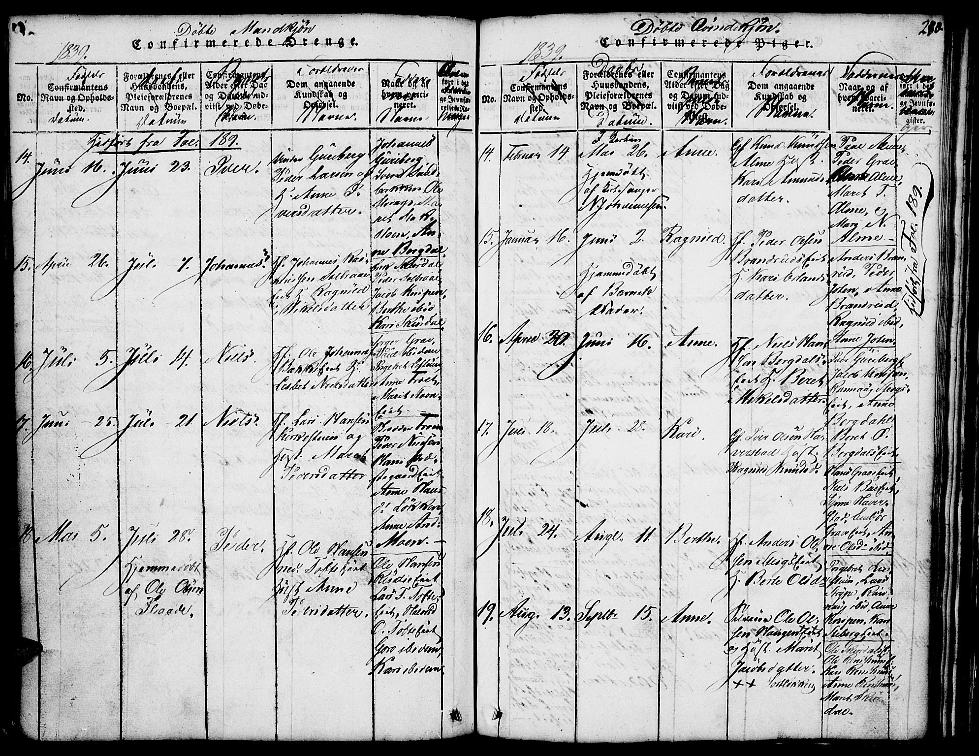 Fron prestekontor, AV/SAH-PREST-078/H/Ha/Hab/L0001: Parish register (copy) no. 1, 1816-1843, p. 280