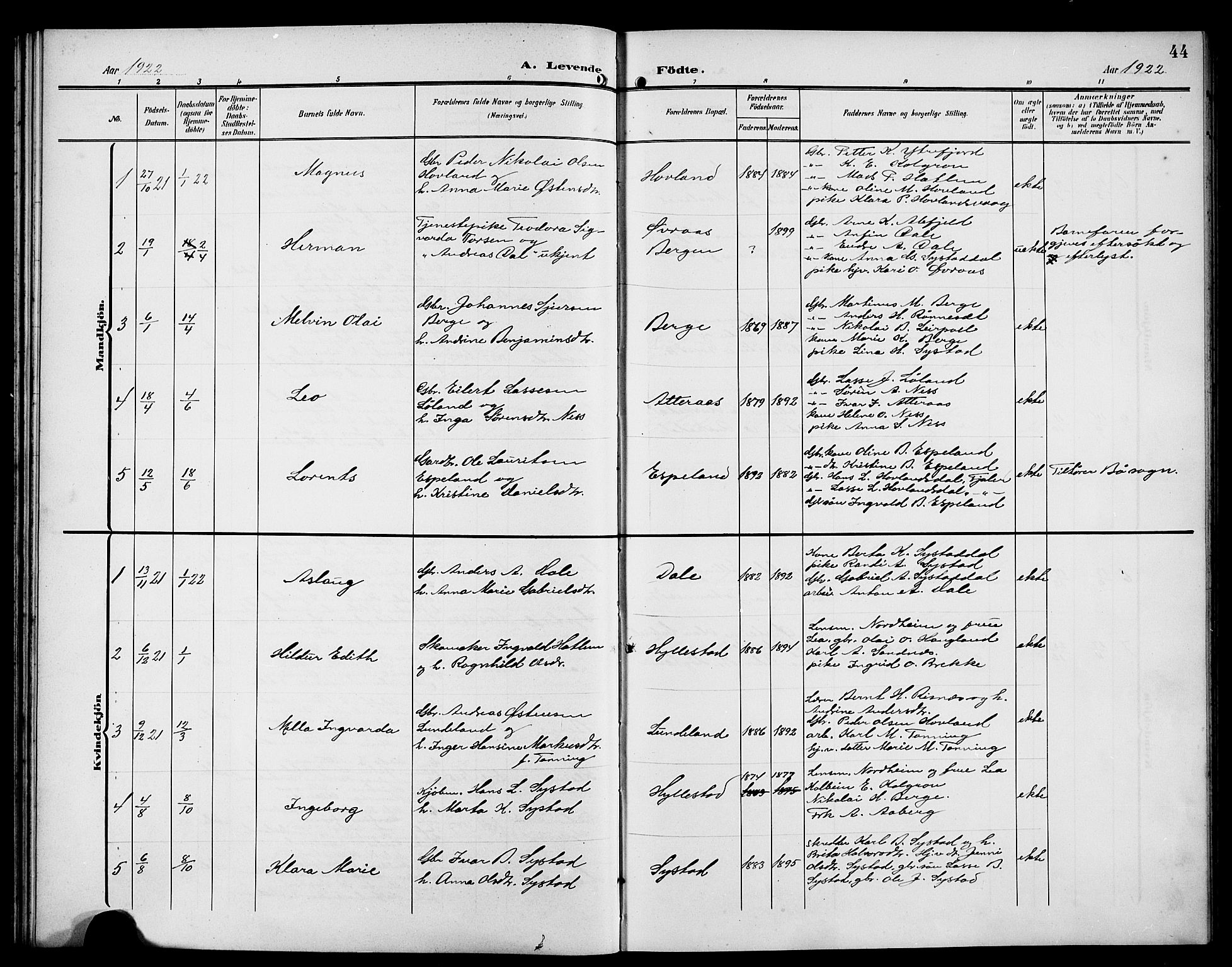 Hyllestad sokneprestembete, SAB/A-80401: Parish register (copy) no. A 3, 1906-1925, p. 44