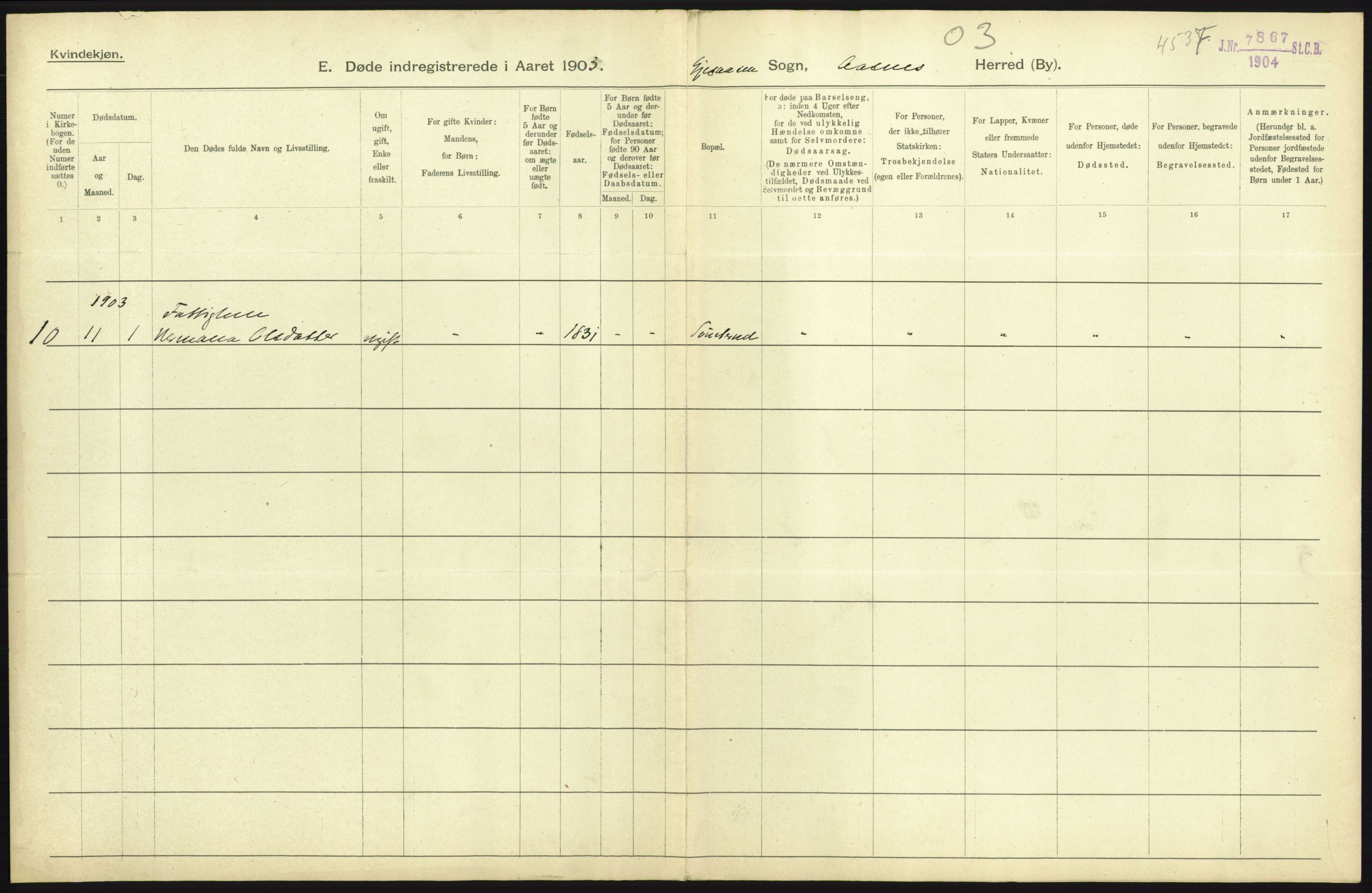 Statistisk sentralbyrå, Sosiodemografiske emner, Befolkning, RA/S-2228/D/Df/Dfa/Dfaa/L0005: Hedemarkens amt: Fødte, gifte, døde, 1903, p. 443