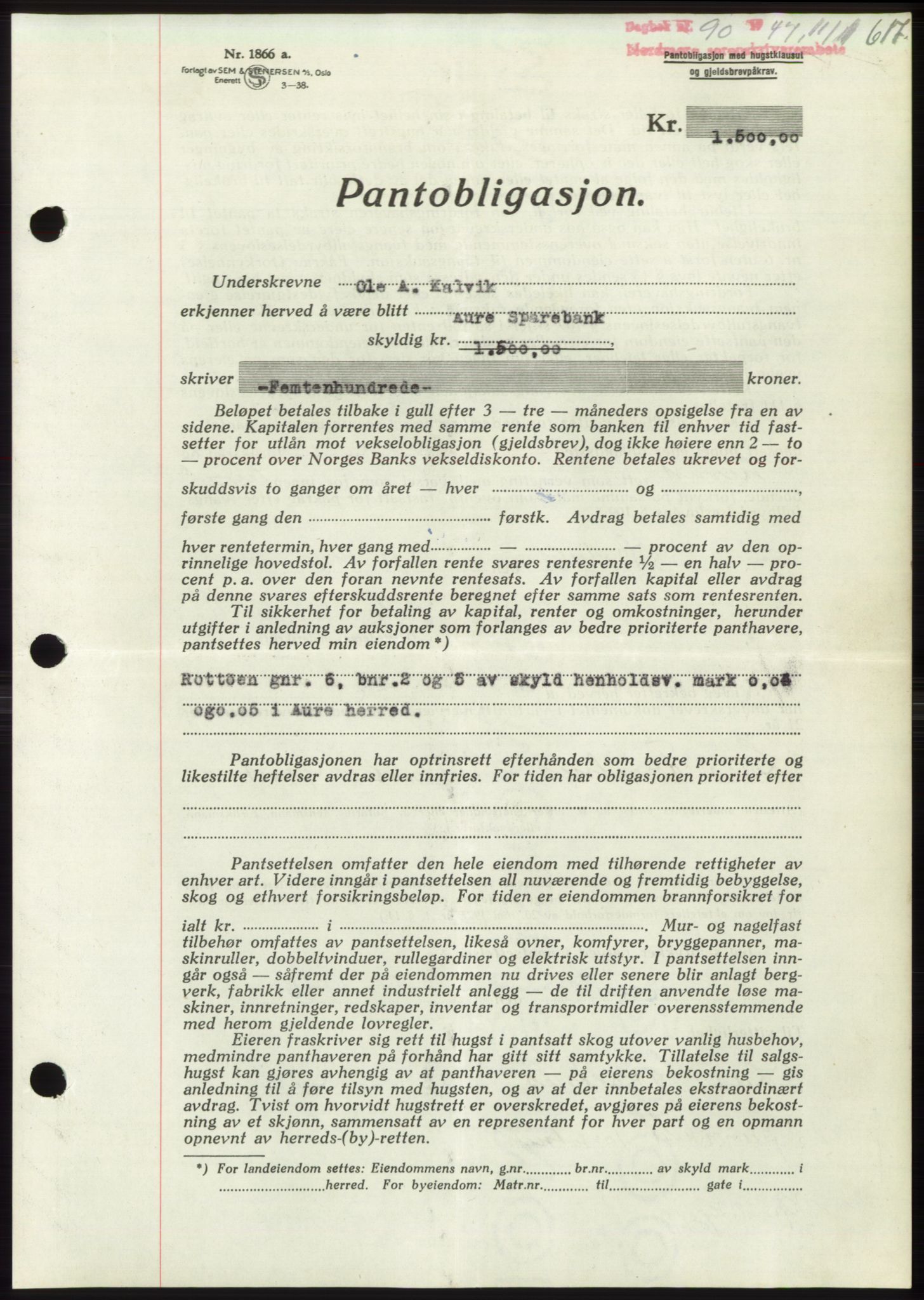 Nordmøre sorenskriveri, AV/SAT-A-4132/1/2/2Ca: Mortgage book no. B95, 1946-1947, Diary no: : 90/1947