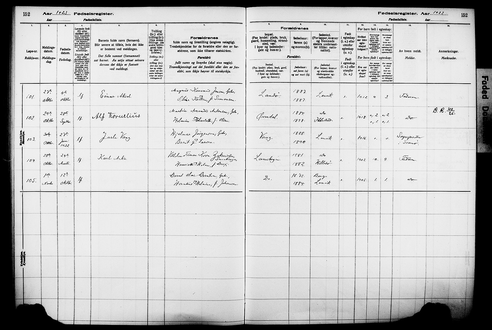 Lenvik sokneprestembete, AV/SATØ-S-1310/I/Ic/L0089: Birth register no. 89, 1916-1926, p. 152