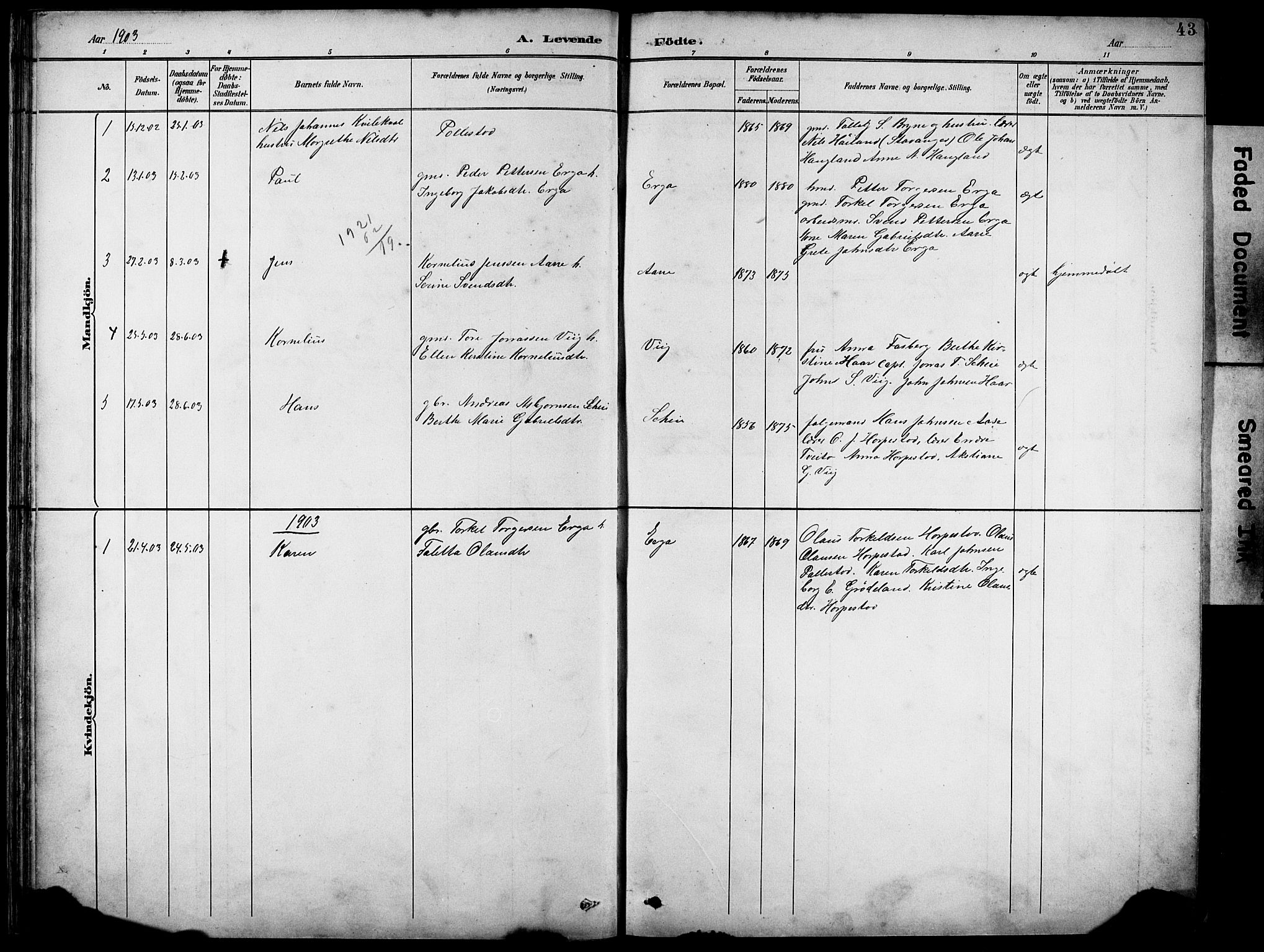 Klepp sokneprestkontor, SAST/A-101803/001/3/30BB/L0005: Parish register (copy) no. B 5, 1889-1918, p. 43