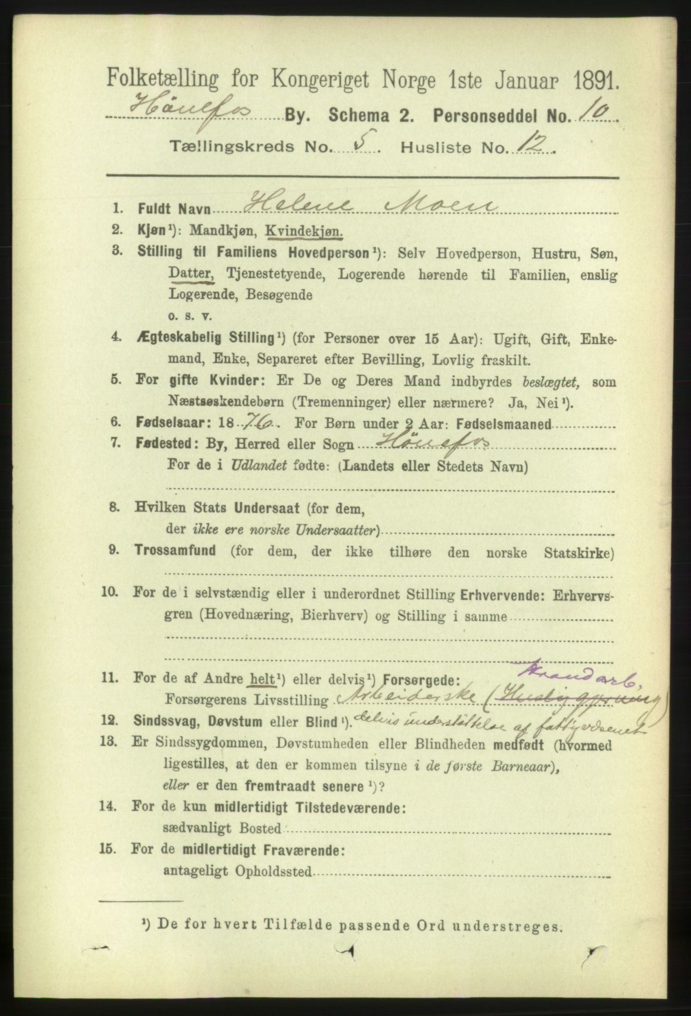 RA, 1891 census for 0601 Hønefoss, 1891, p. 1005