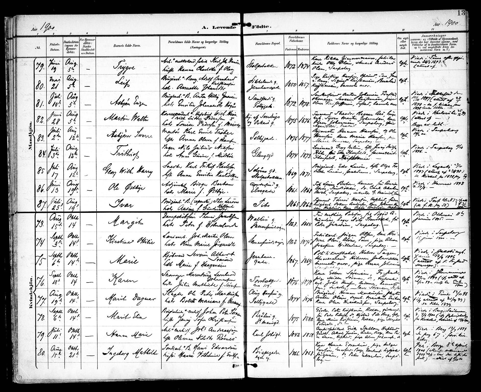 Sarpsborg prestekontor Kirkebøker, AV/SAO-A-2006/F/Fa/L0005: Parish register (official) no. 5, 1900-1909, p. 13