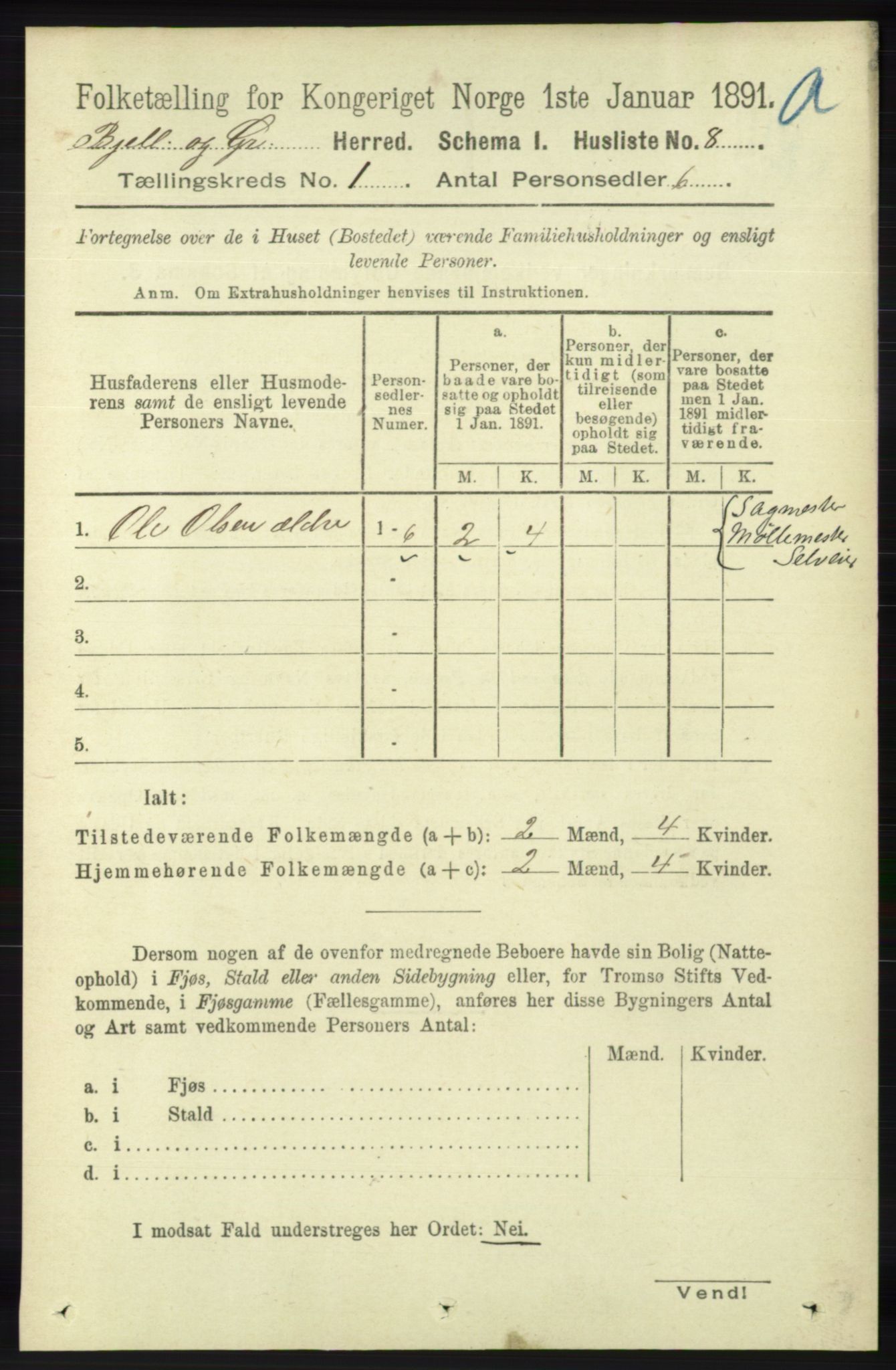 RA, 1891 census for 1024 Bjelland og Grindheim, 1891, p. 30