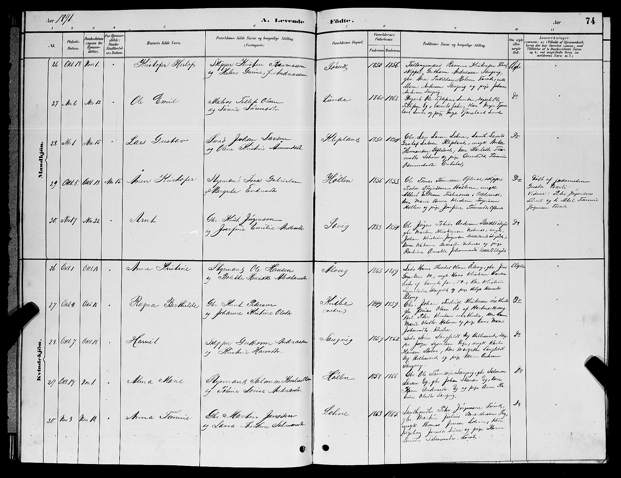 Søgne sokneprestkontor, AV/SAK-1111-0037/F/Fb/Fbb/L0005: Parish register (copy) no. B 5, 1884-1891, p. 74