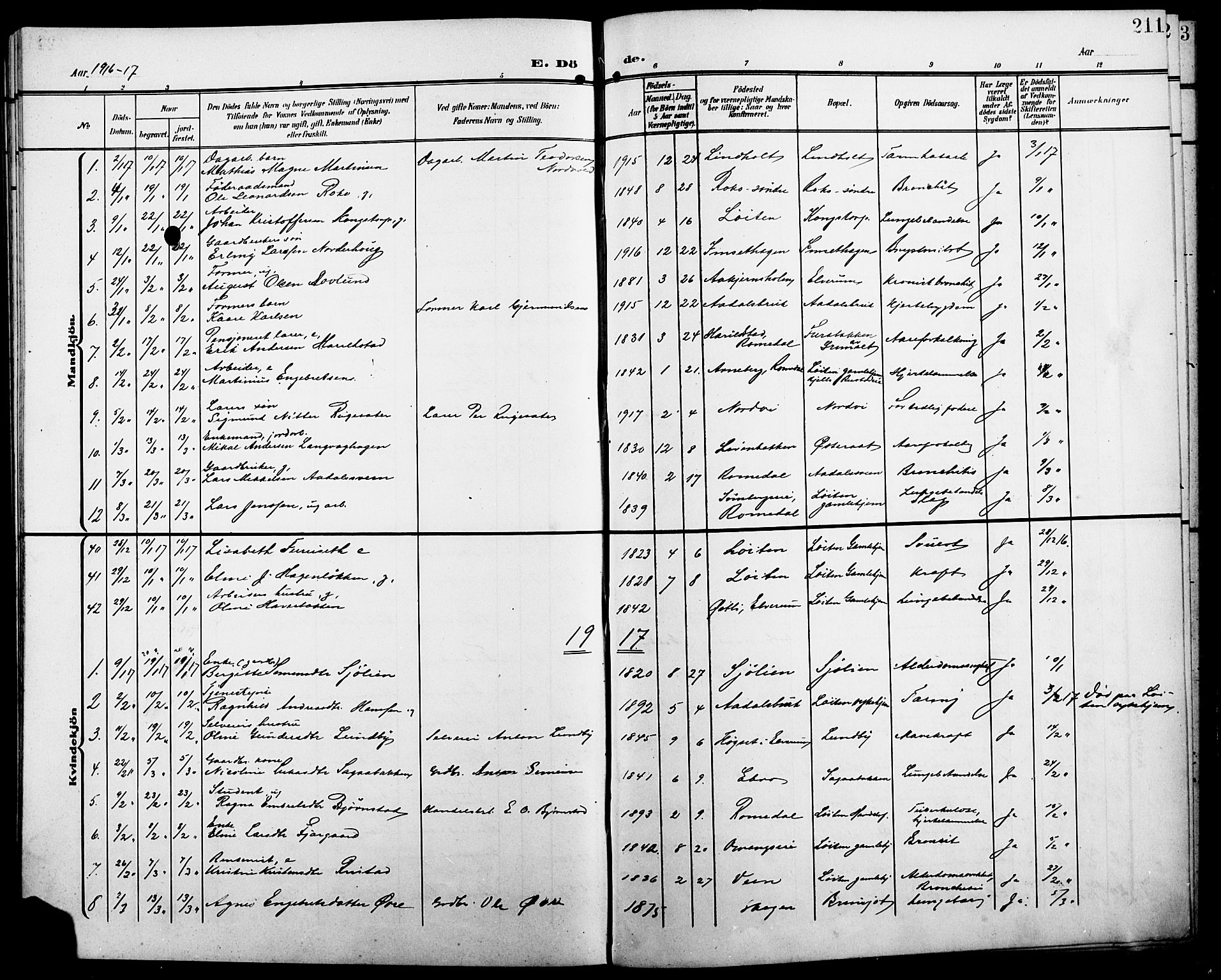 Løten prestekontor, SAH/PREST-022/L/La/L0007: Parish register (copy) no. 7, 1910-1919, p. 211