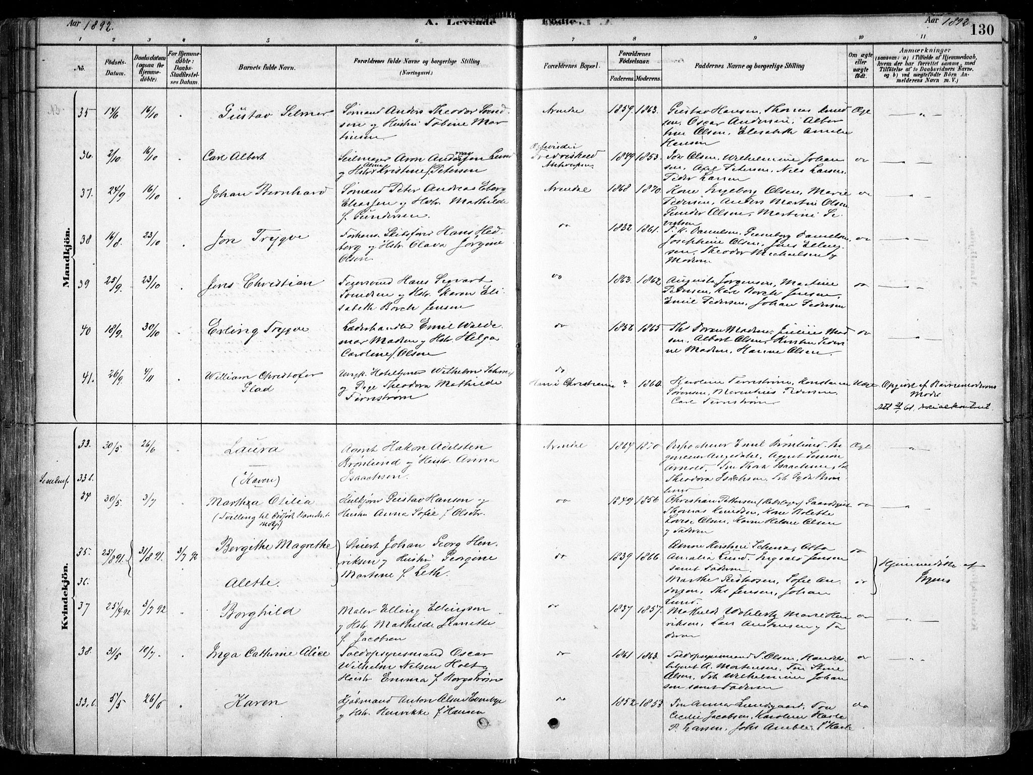 Arendal sokneprestkontor, Trefoldighet, SAK/1111-0040/F/Fa/L0008: Parish register (official) no. A 8, 1878-1899, p. 130