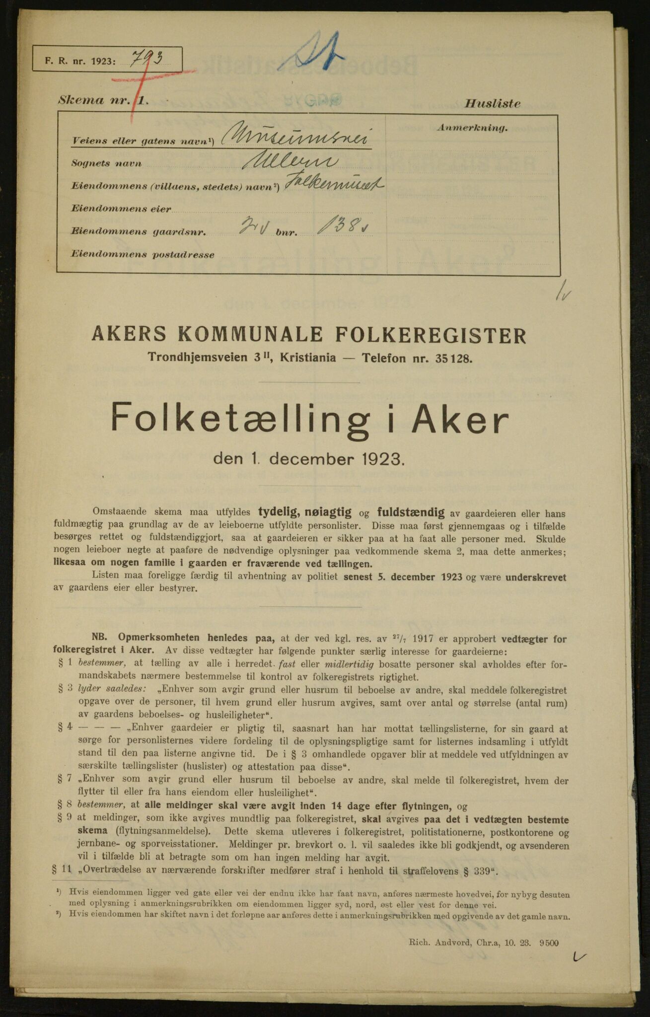 , Municipal Census 1923 for Aker, 1923, p. 4838