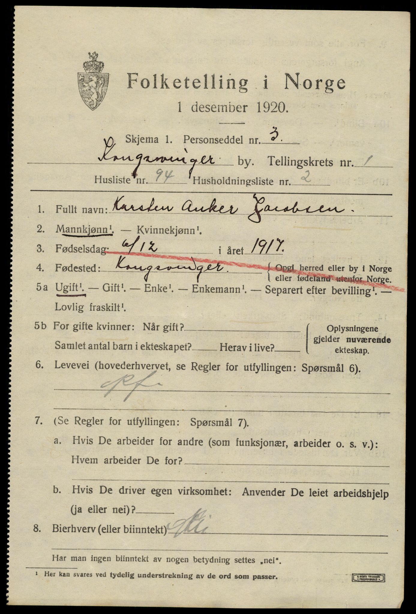 SAH, 1920 census for Kongsvinger, 1920, p. 3329