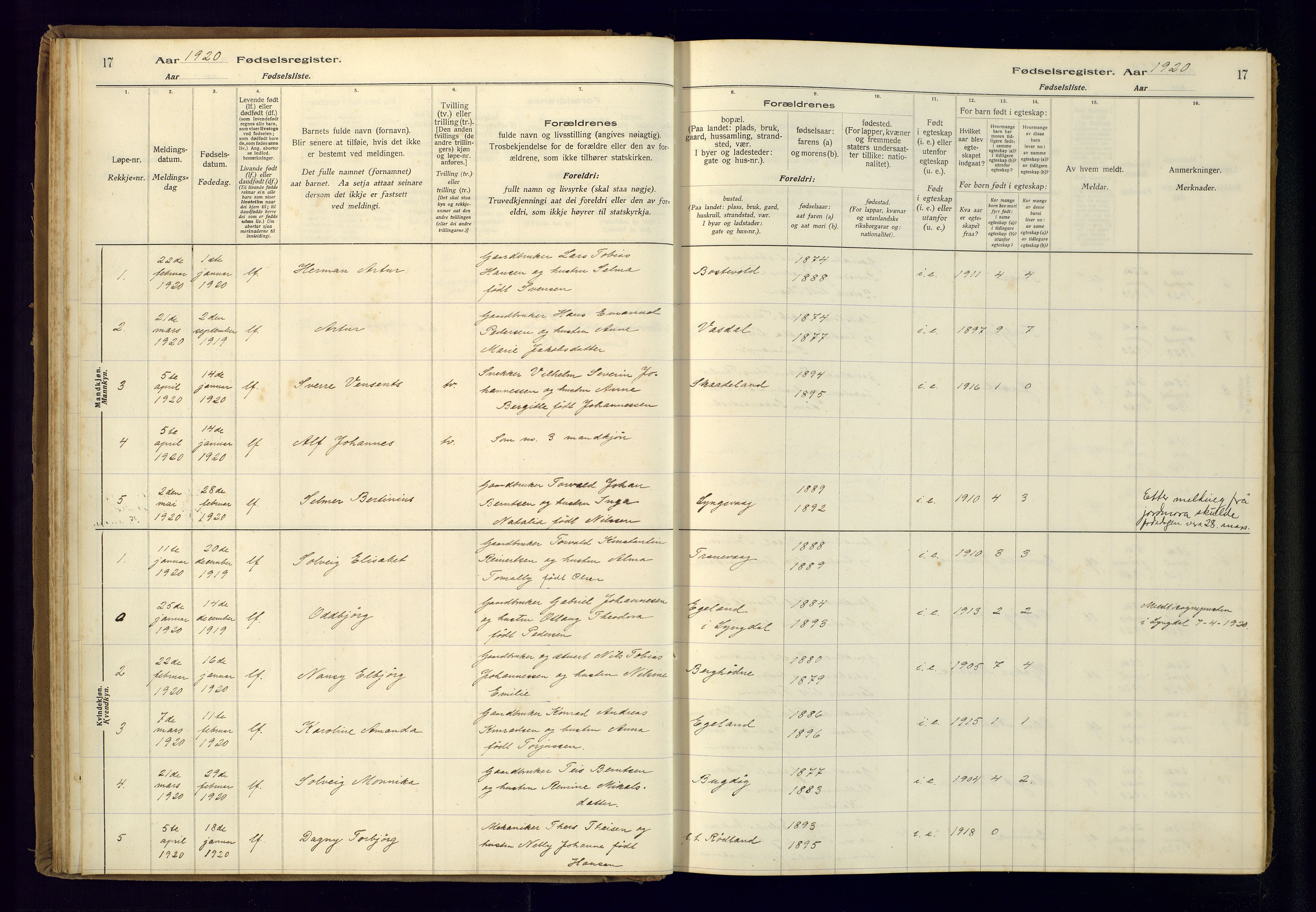 Farsund sokneprestkontor, AV/SAK-1111-0009/J/Ja/L0004: Birth register no. A-VI-11, 1916-1982, p. 17