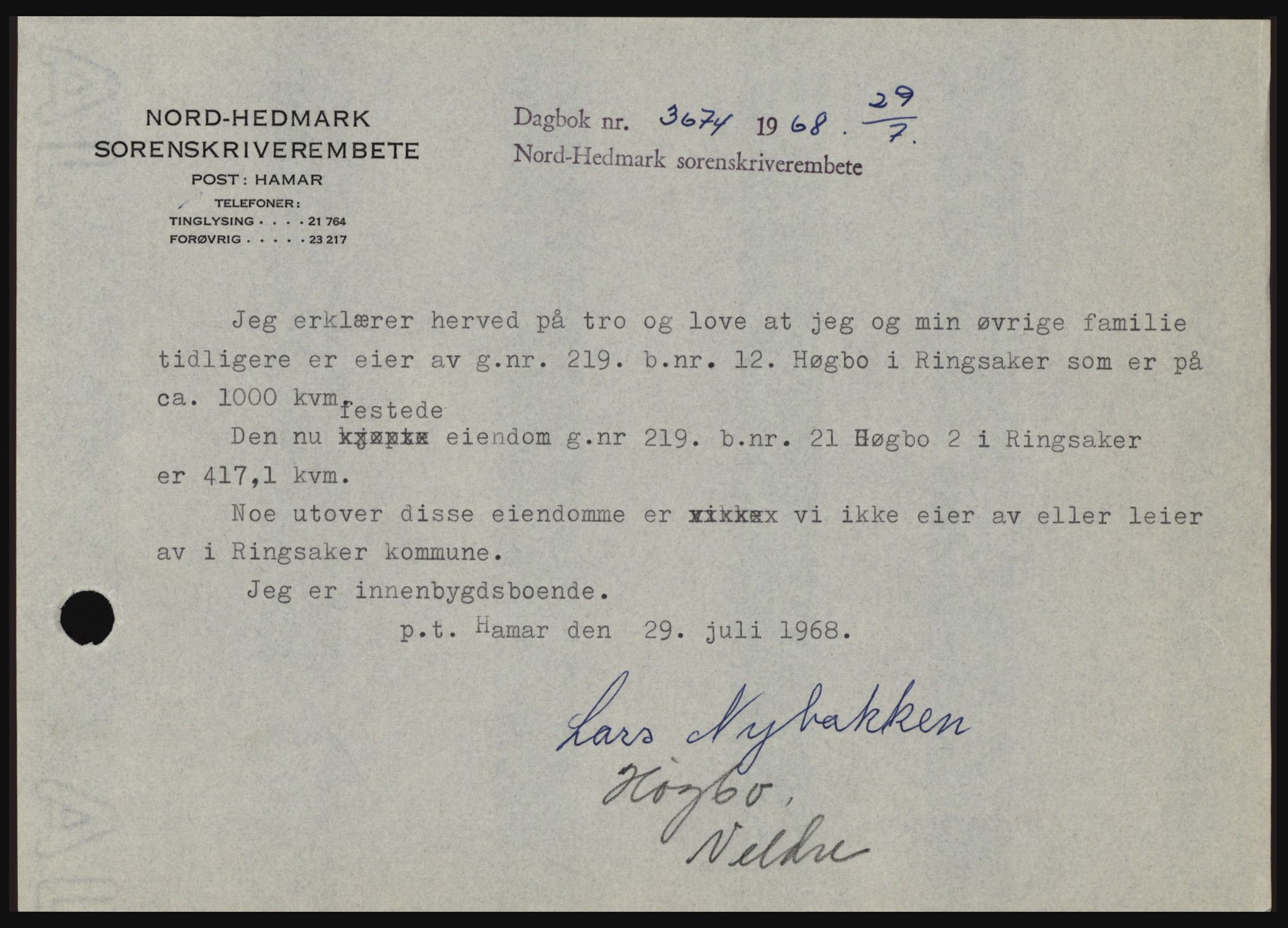 Nord-Hedmark sorenskriveri, SAH/TING-012/H/Hc/L0028: Mortgage book no. 28, 1968-1968, Diary no: : 3674/1968