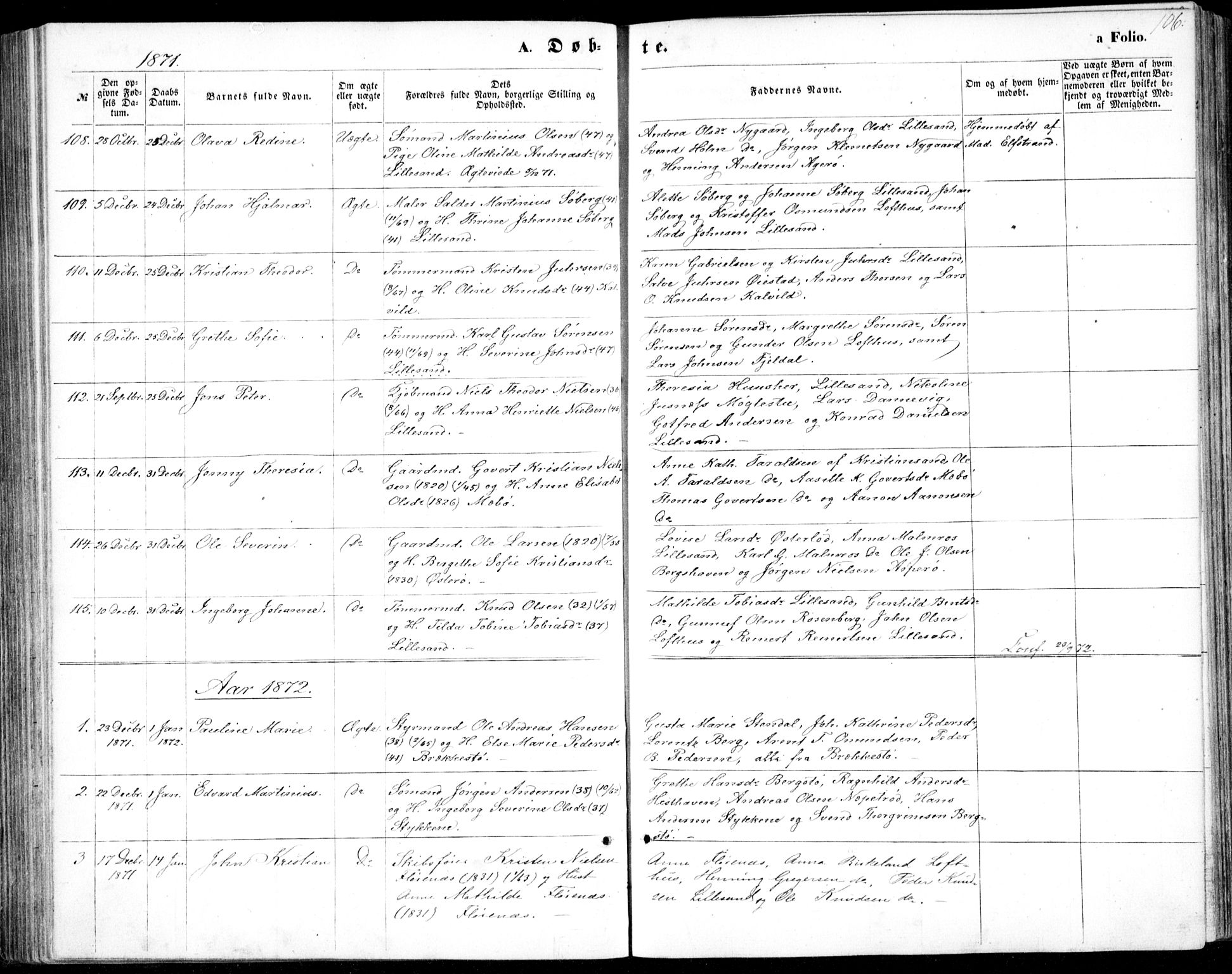 Vestre Moland sokneprestkontor, SAK/1111-0046/F/Fb/Fbb/L0004: Parish register (copy) no. B 4, 1861-1872, p. 106