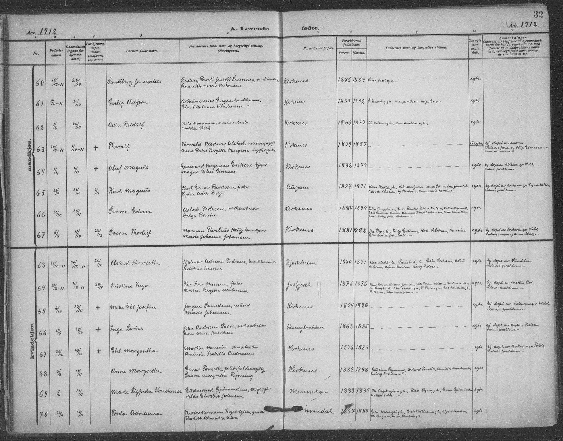 Sør-Varanger sokneprestkontor, AV/SATØ-S-1331/H/Ha/L0005kirke: Parish register (official) no. 5, 1909-1919, p. 32