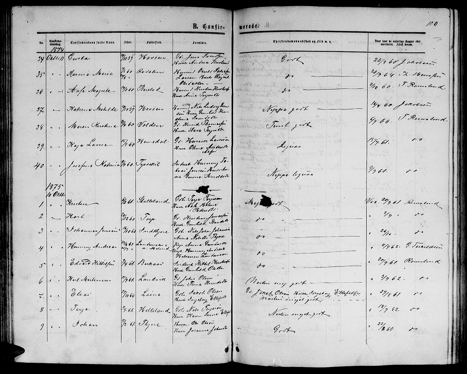 Hommedal sokneprestkontor, SAK/1111-0023/F/Fb/Fbb/L0006: Parish register (copy) no. B 6, 1869-1884, p. 100