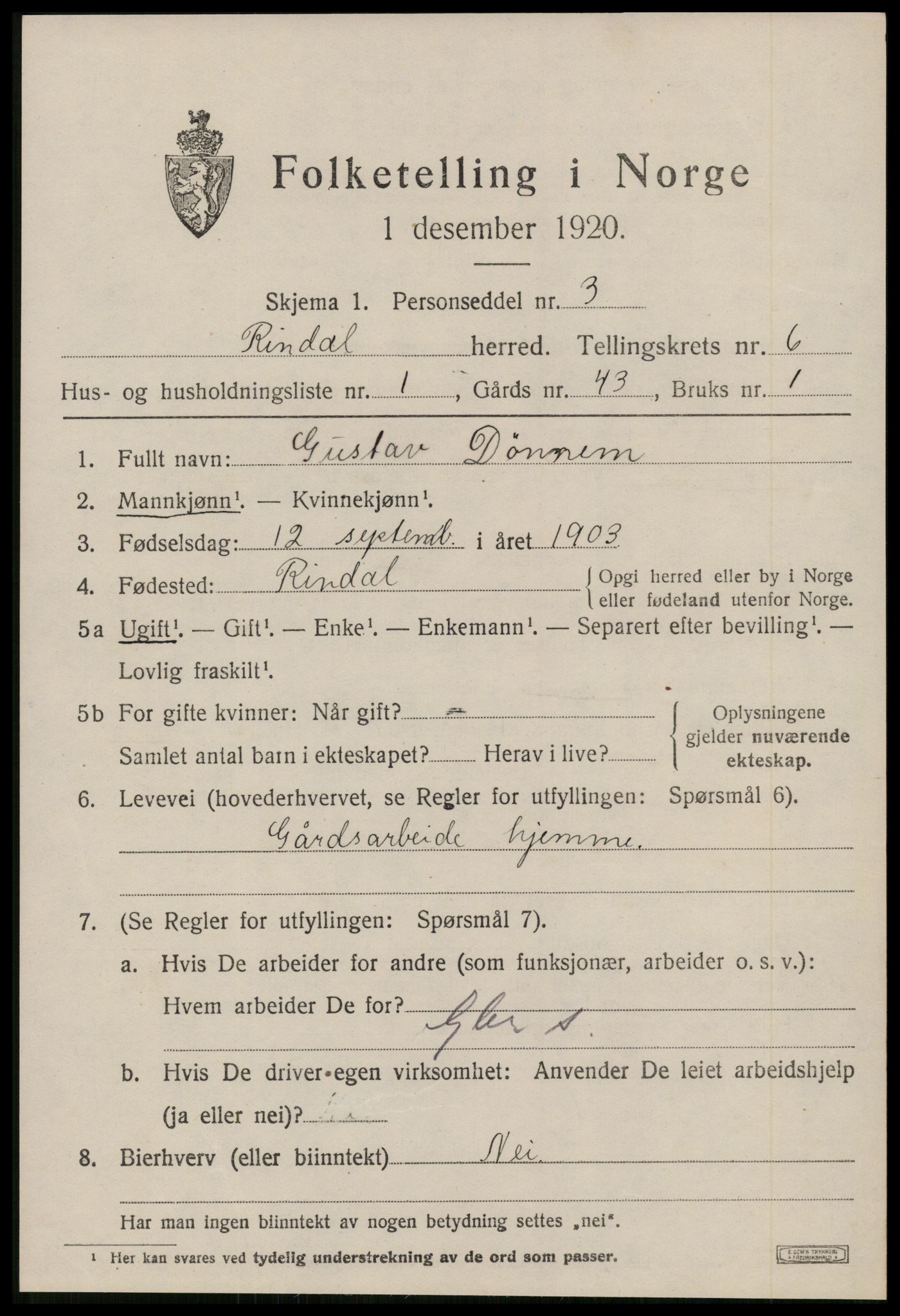 SAT, 1920 census for Rindal, 1920, p. 3282