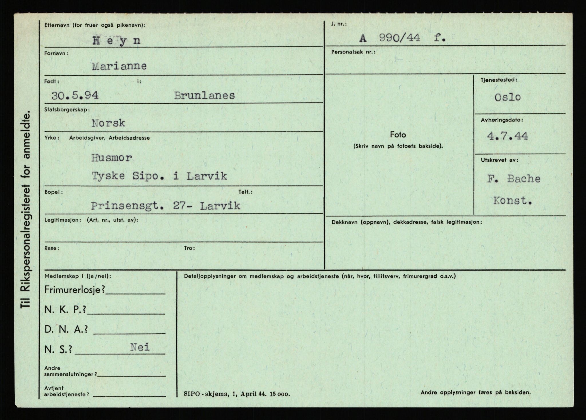 Statspolitiet - Hovedkontoret / Osloavdelingen, AV/RA-S-1329/C/Ca/L0006: Hanche - Hokstvedt, 1943-1945, p. 4192