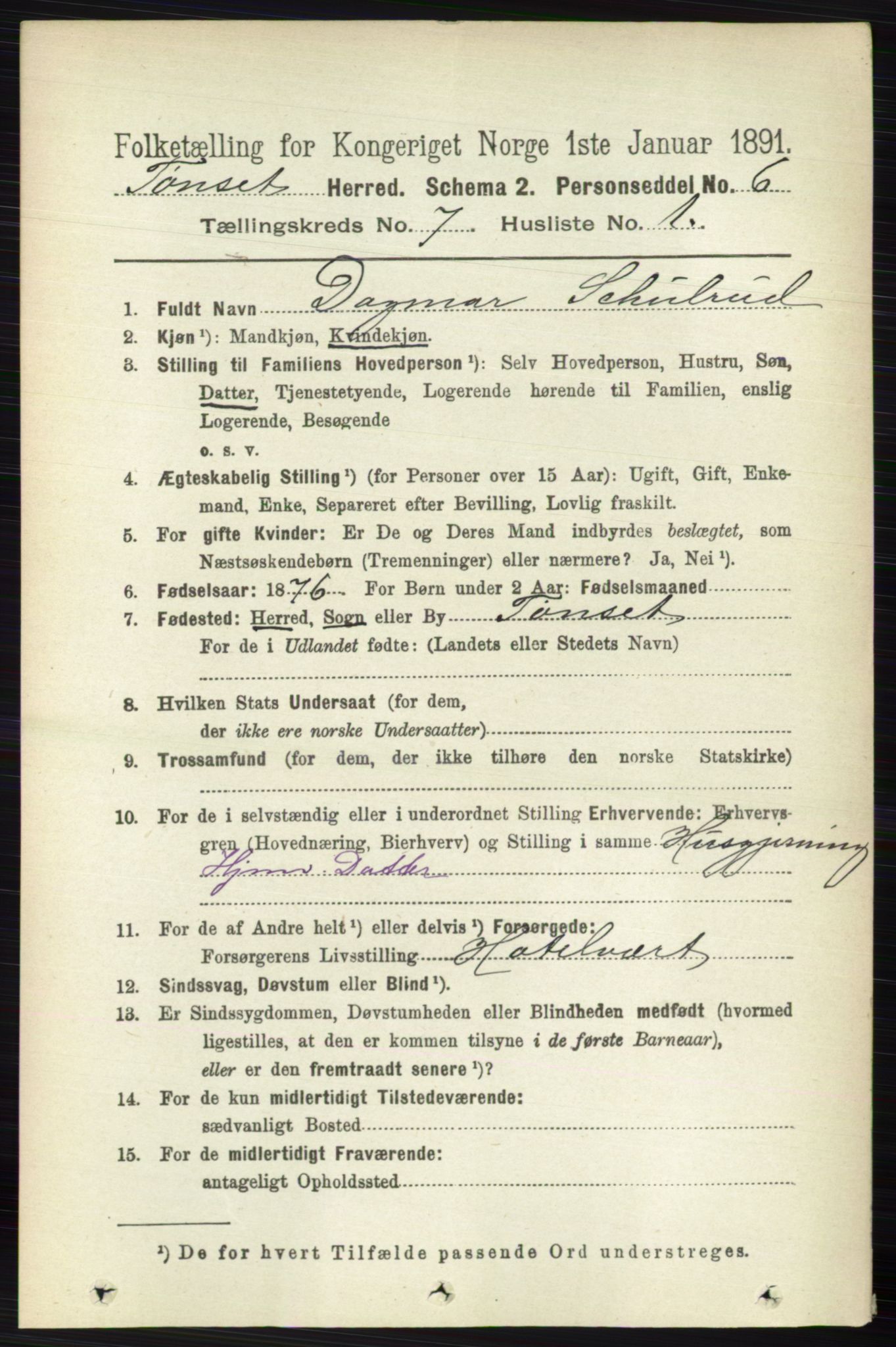 RA, 1891 census for 0437 Tynset, 1891, p. 1727