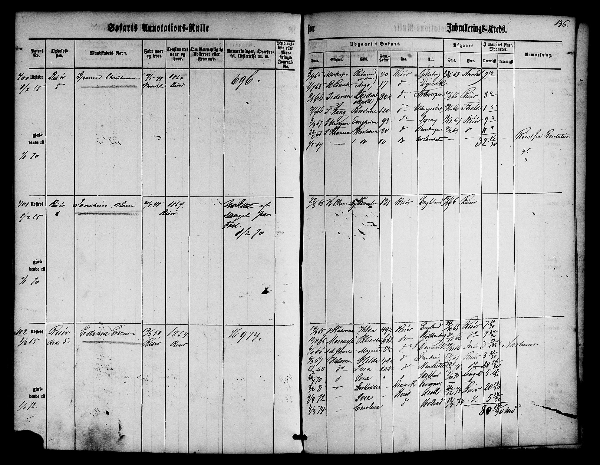 Risør mønstringskrets, AV/SAK-2031-0010/F/Fa/L0001: Annotasjonsrulle nr 1-435 med register, D-1, 1860-1865, p. 155